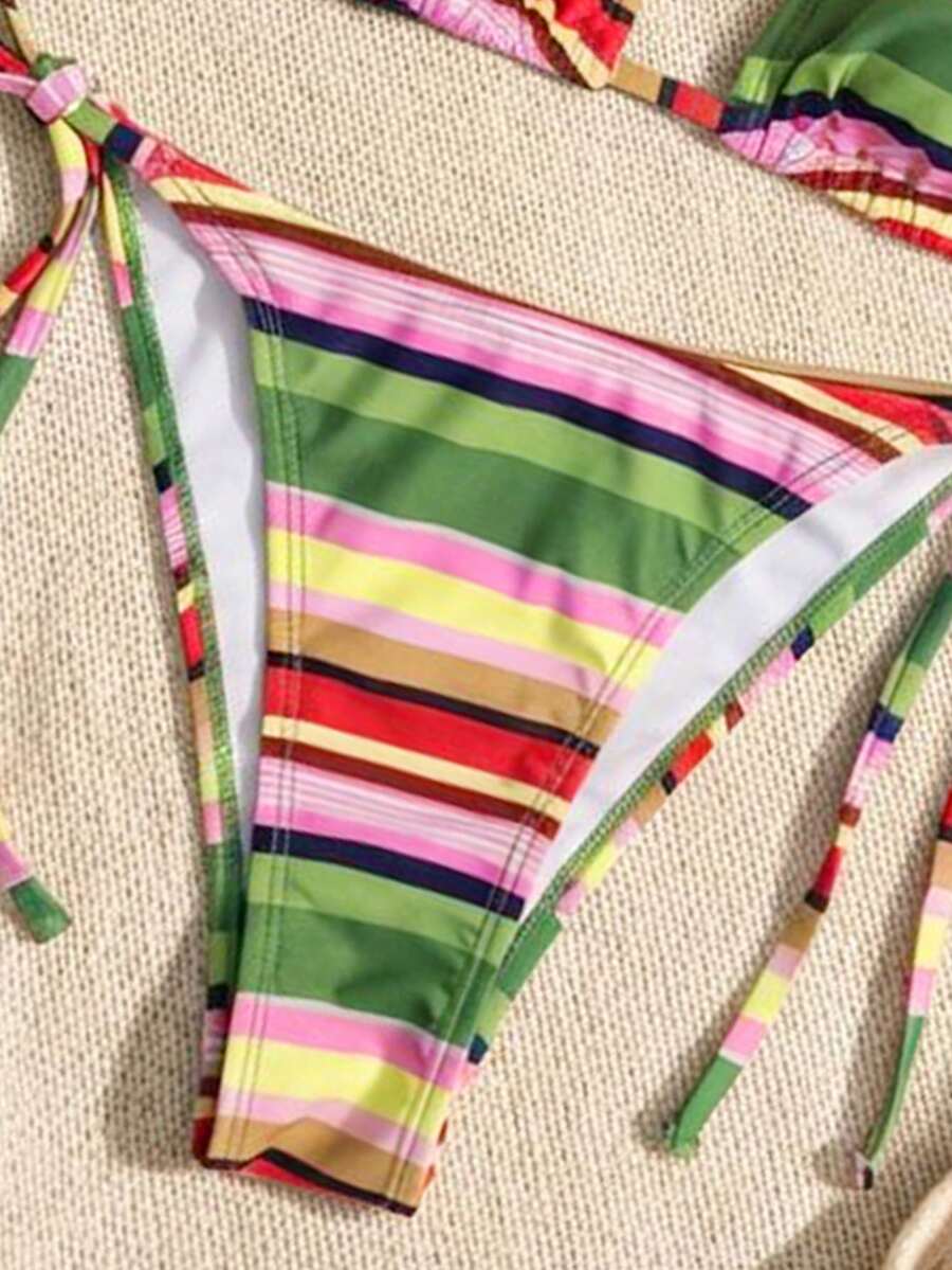 Women's high waist 2-piece triangle bikini set featuring colorblock trim, halter neckline, wireless bra with removable padding, and tie-side bottoms.