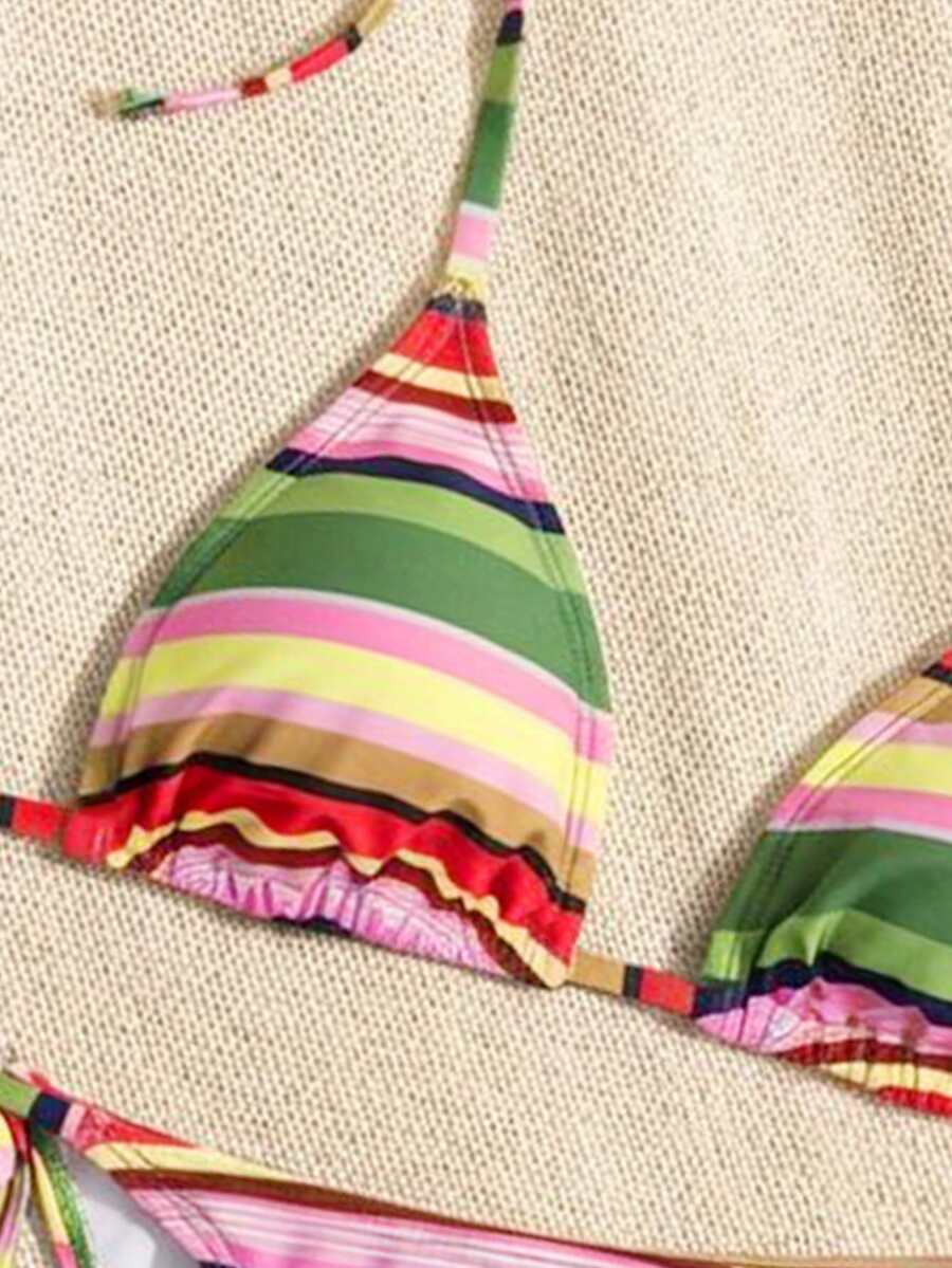 Women's high waist 2-piece triangle bikini set featuring colorblock trim, halter neckline, wireless bra with removable padding, and tie-side bottoms.