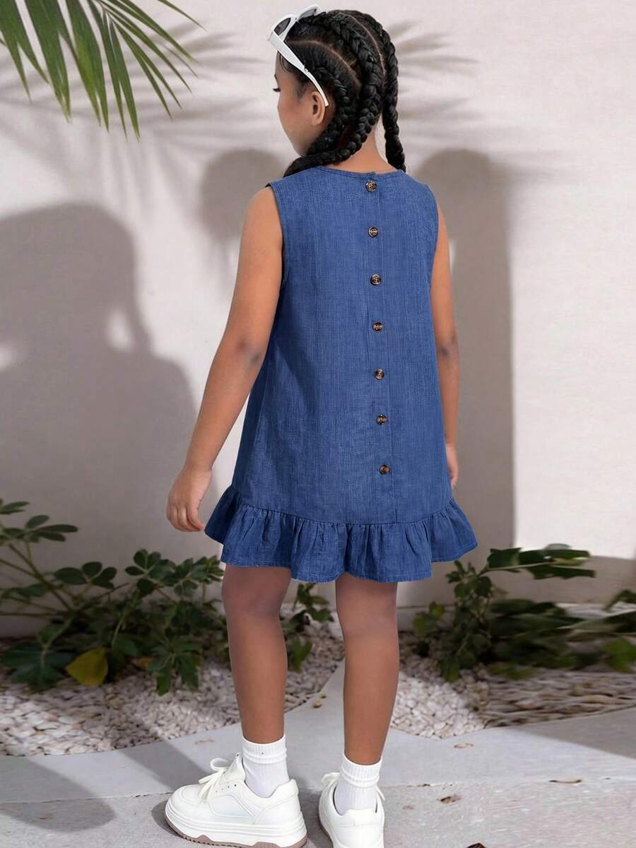 Tween girls blue denim effect sleeveless dress with round neck, button front details, and flounce hem.