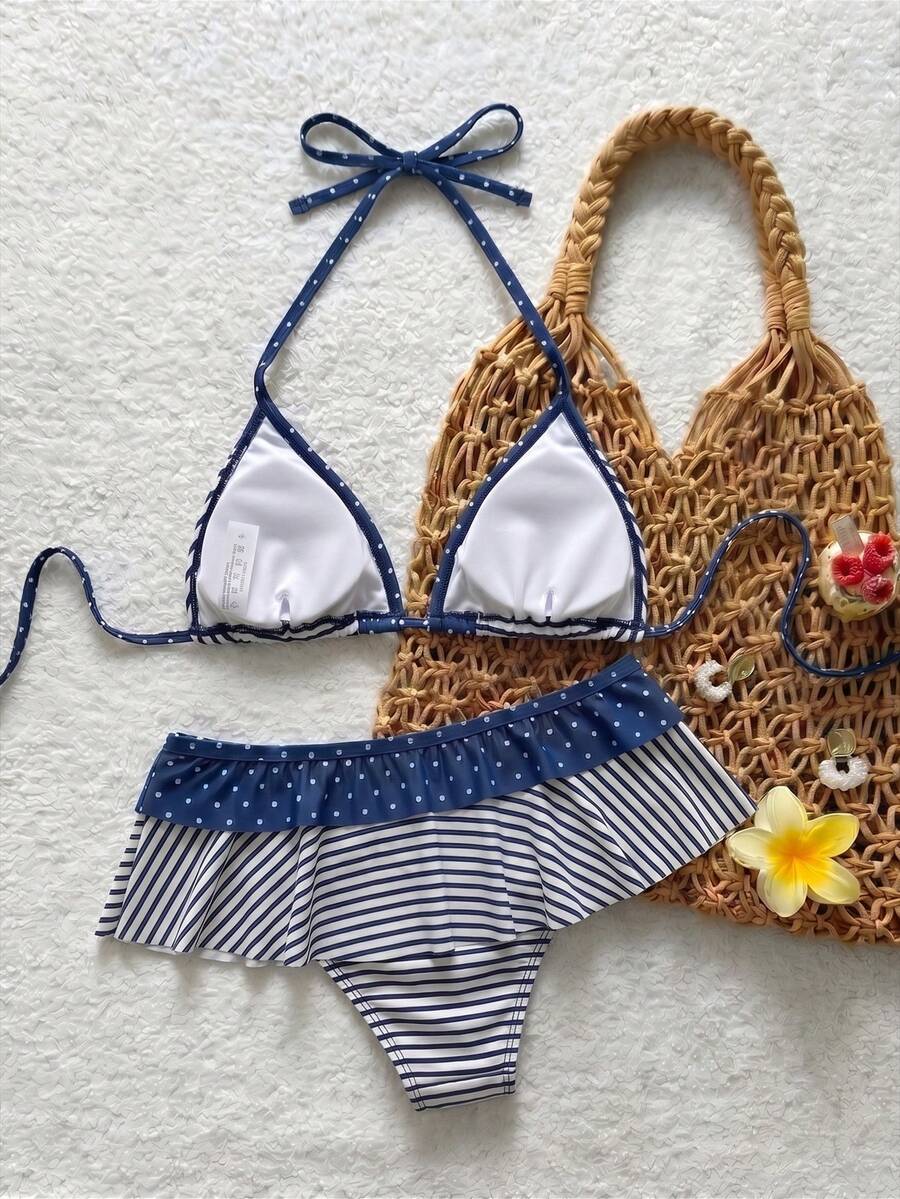 Women's ruffled halter two-piece bikini set with low waist bottoms and wireless triangle cups.