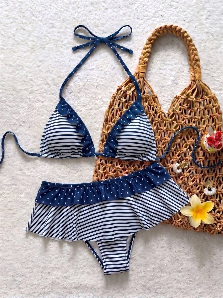 Women's ruffled halter two-piece bikini set with low waist bottoms and wireless triangle cups.