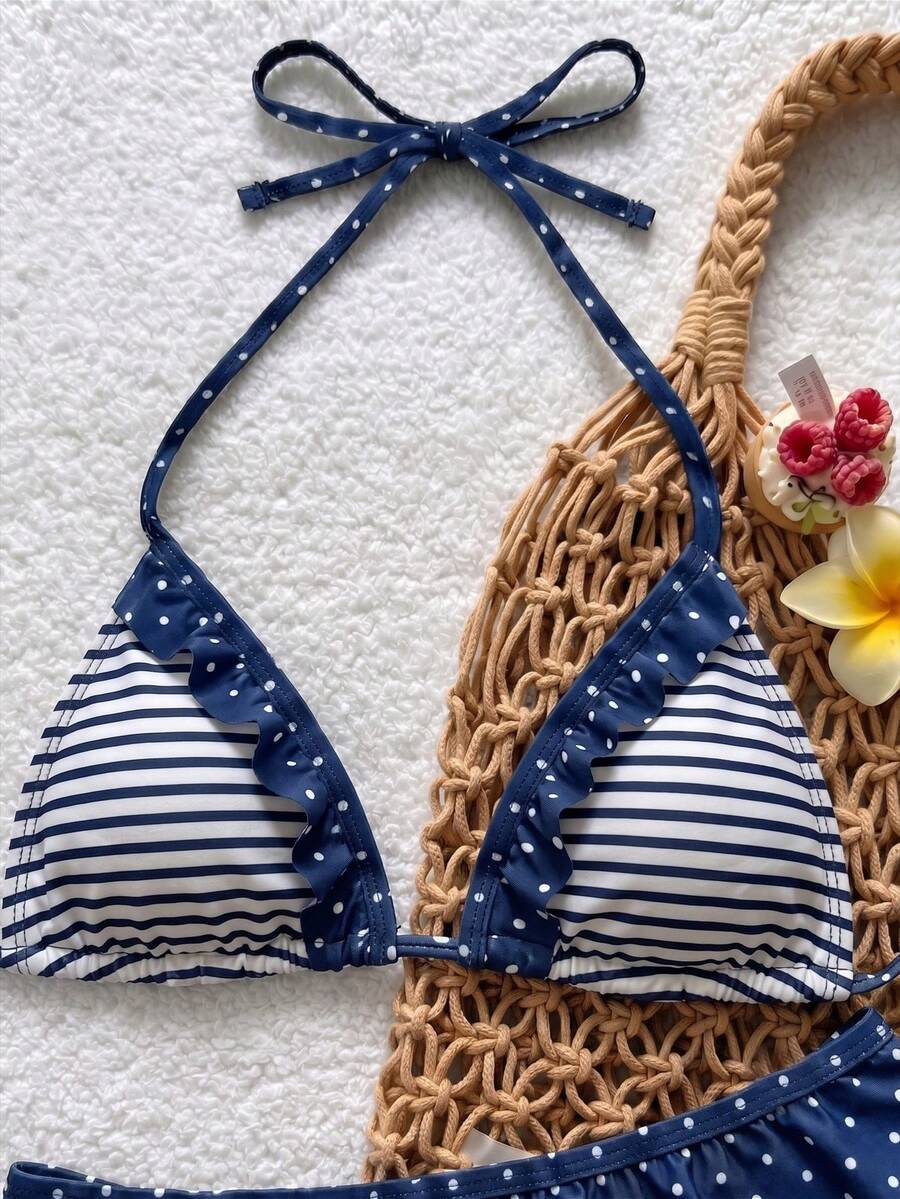Women's ruffled halter two-piece bikini set with low waist bottoms and wireless triangle cups.