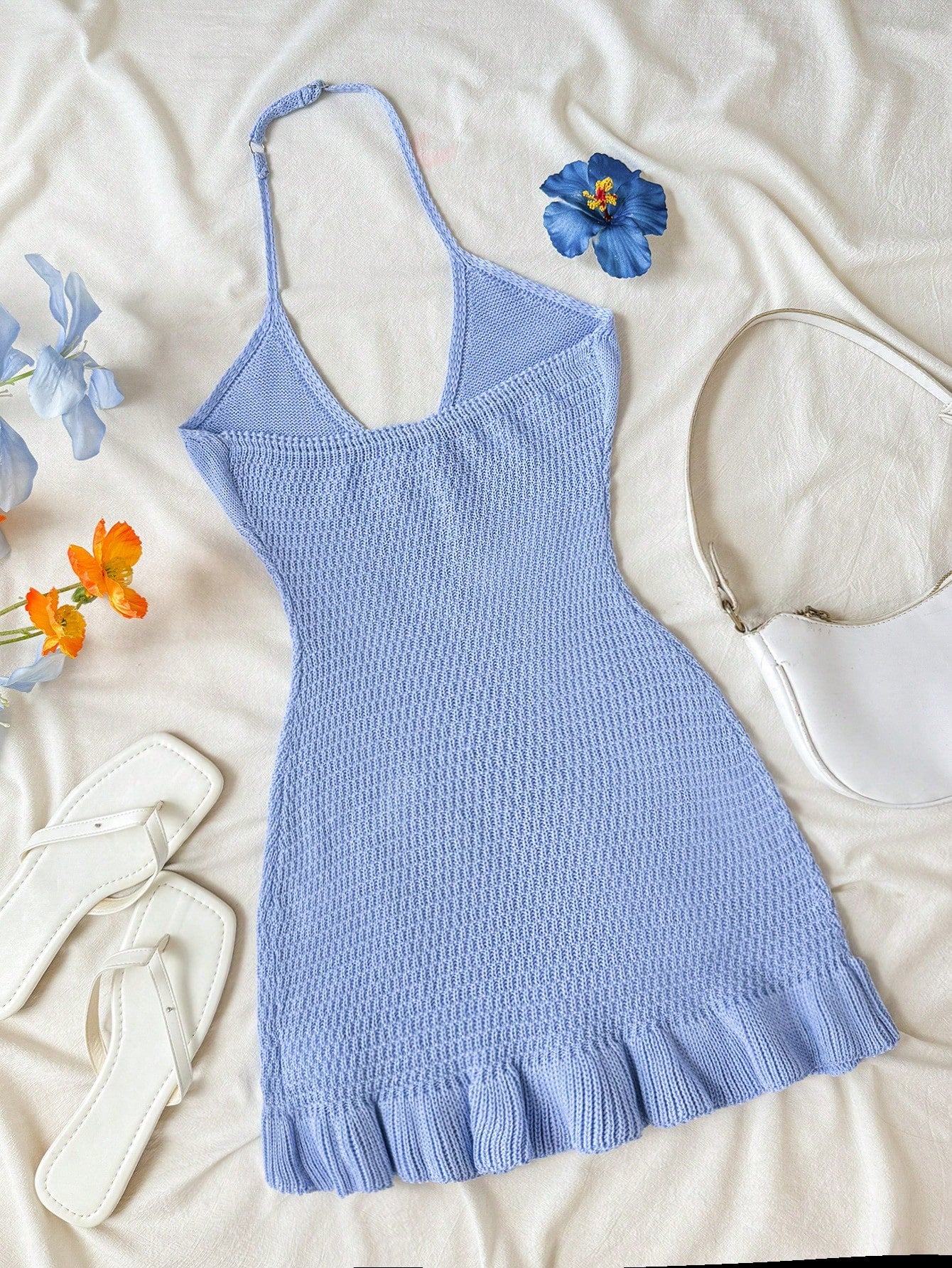 Tween girls long sleeveless halter cover-up dress with ruffle detail, plain fitted design, semi-sheer fabric, and metal starfish decoration.