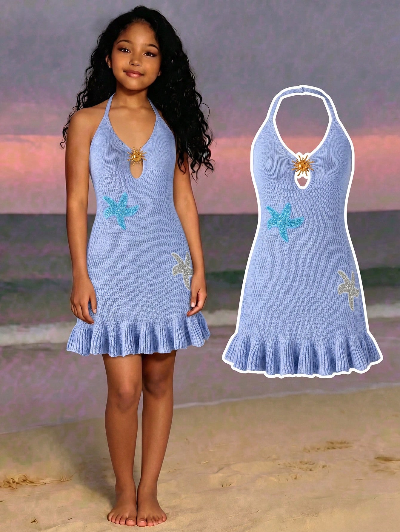 Tween girls long sleeveless halter cover-up dress with ruffle detail, plain fitted design, semi-sheer fabric, and metal starfish decoration.