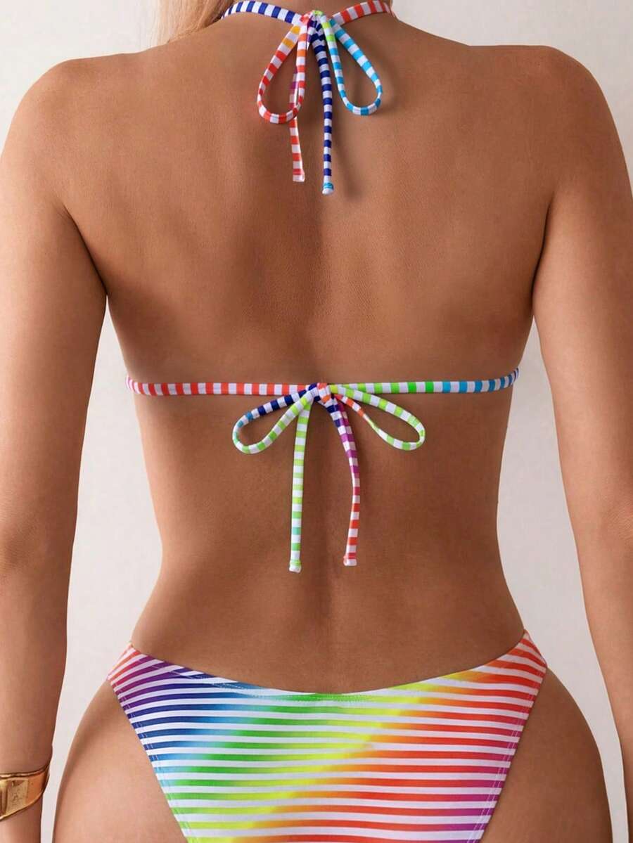 Women's apricot 2-piece halter bikini set featuring a wireless triangle top with tie-back detail and high-waisted high-cut bottoms.
