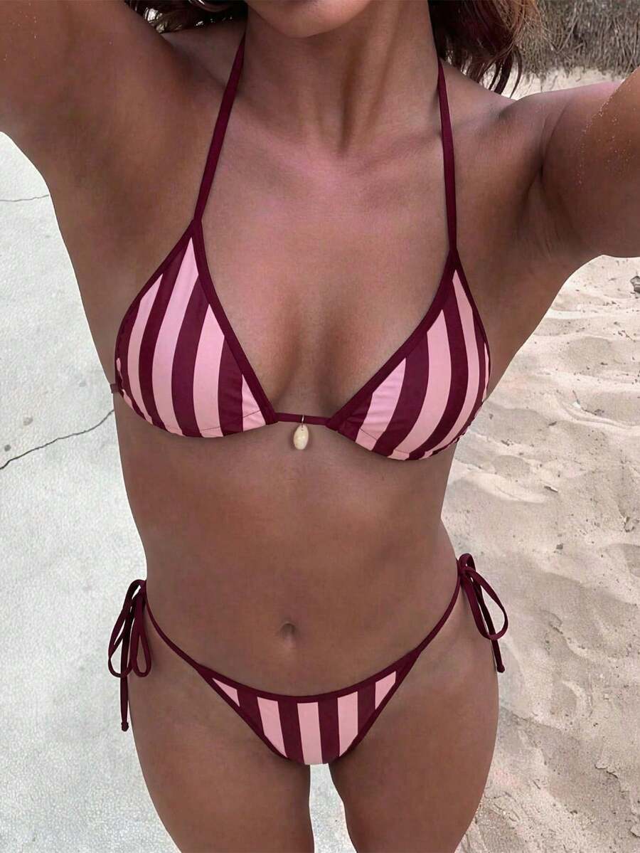 Women's apricot solid halter tie bikini top with triangle cups and matching tie-side swimsuit bottoms.