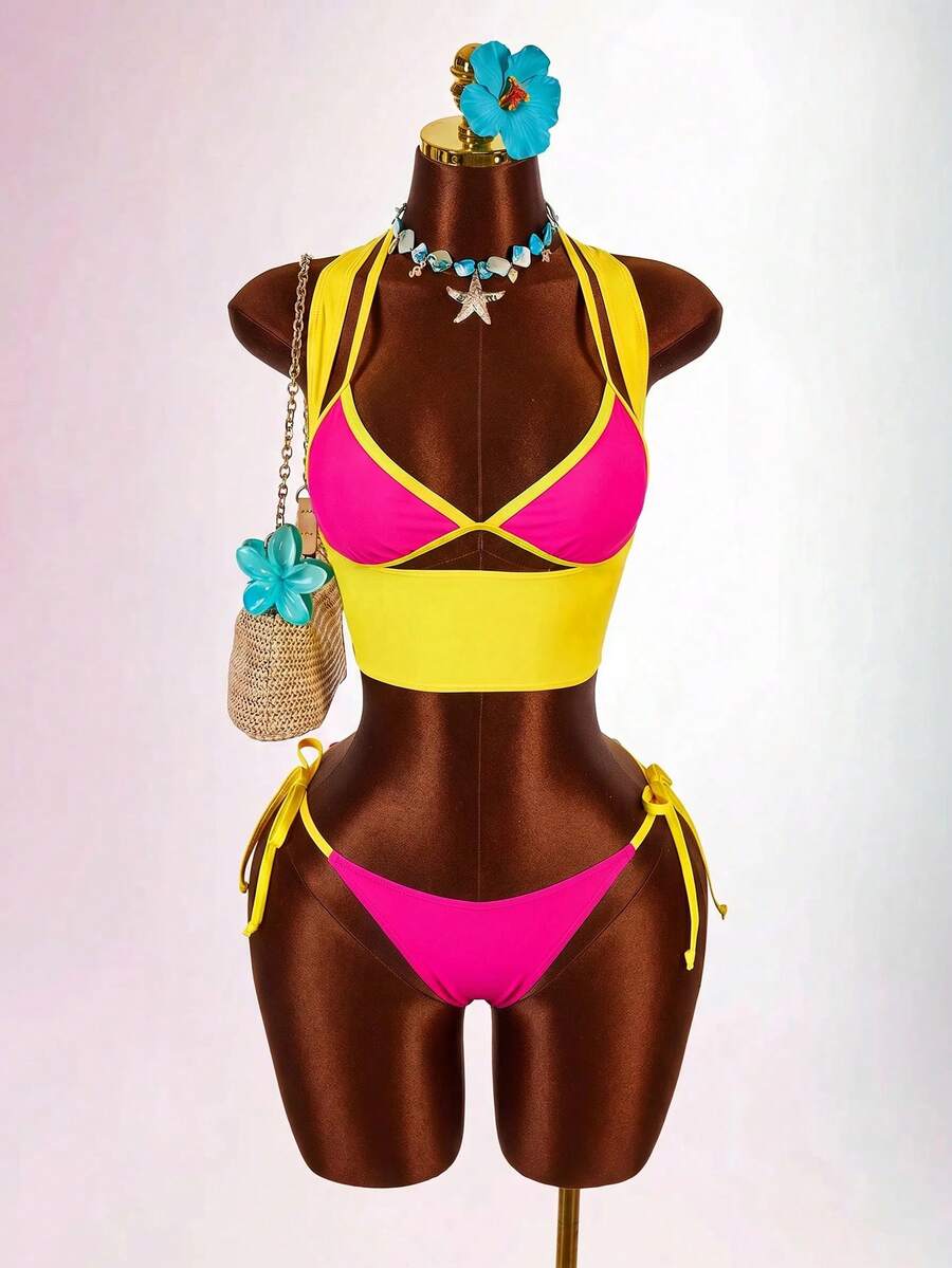 Blue 3-piece women's swimwear set featuring a 3D rose detailed triangle top with cutout tie closure and matching tie-side thong bottom.