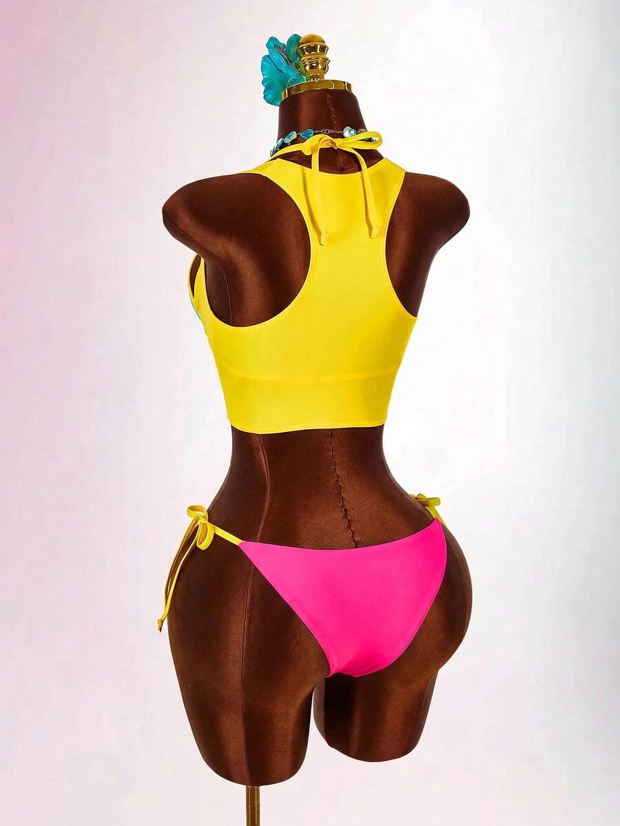 Blue 3-piece women's swimwear set featuring a 3D rose detailed triangle top with cutout tie closure and matching tie-side thong bottom.