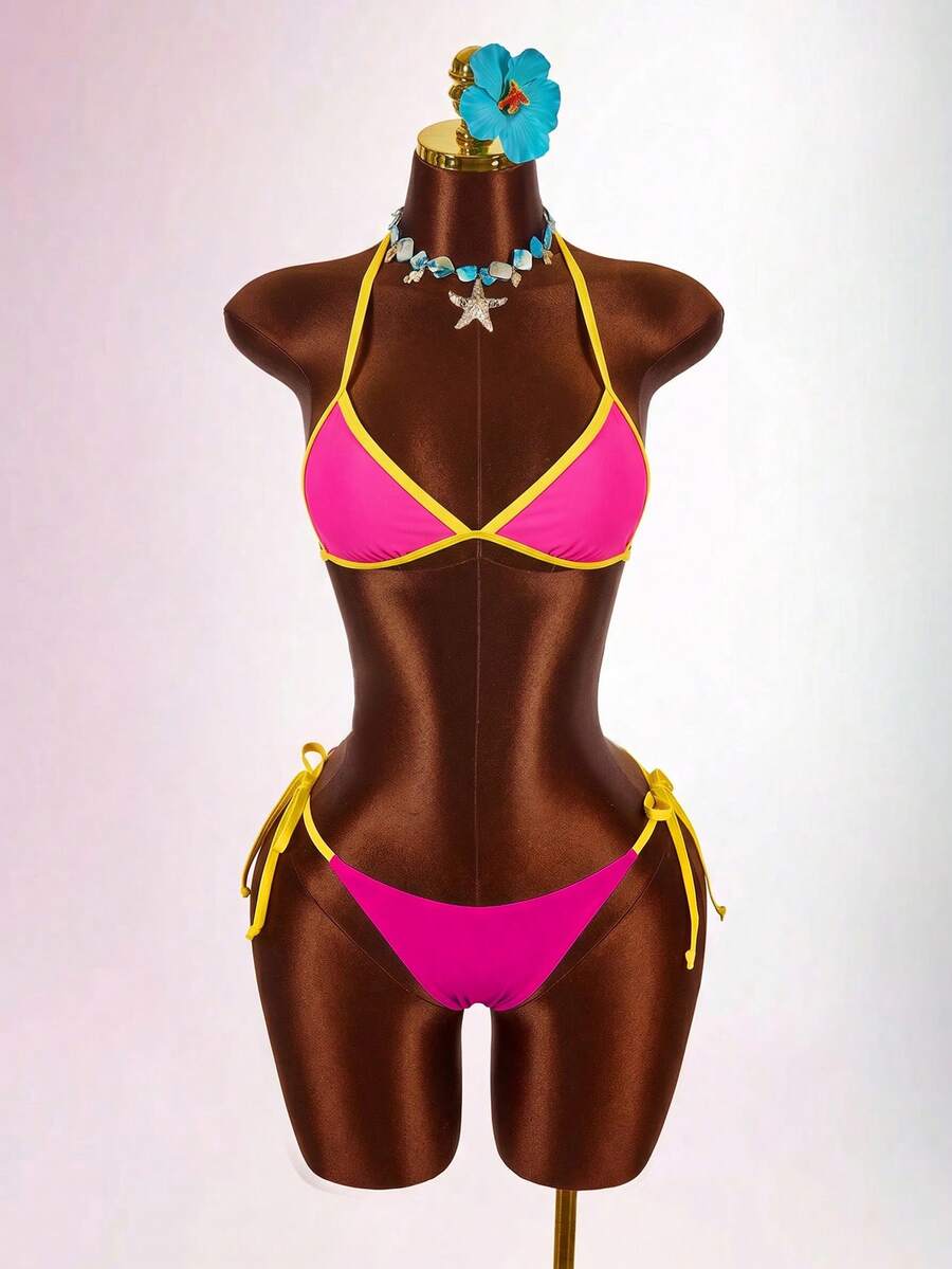 Blue 3-piece women's swimwear set featuring a 3D rose detailed triangle top with cutout tie closure and matching tie-side thong bottom.