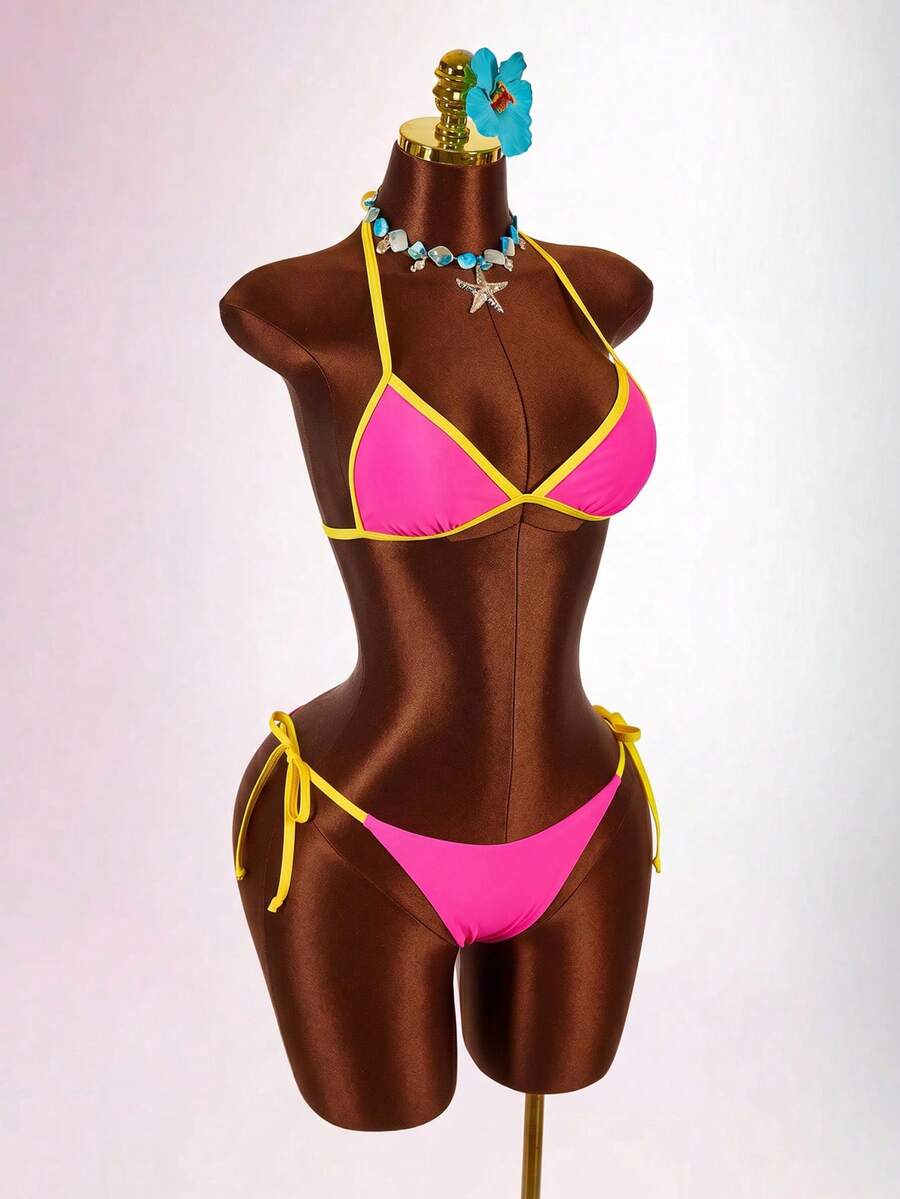 Blue 3-piece women's swimwear set featuring a 3D rose detailed triangle top with cutout tie closure and matching tie-side thong bottom.