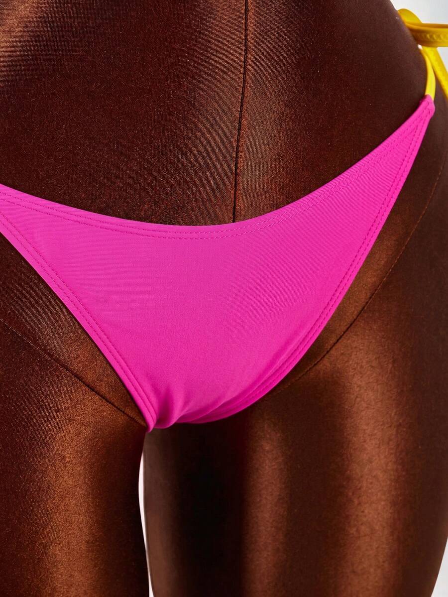 Blue 3-piece women's swimwear set featuring a 3D rose detailed triangle top with cutout tie closure and matching tie-side thong bottom.