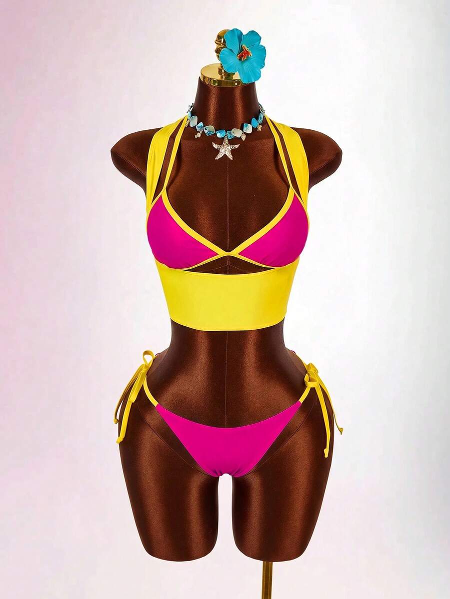 Blue 3-piece women's swimwear set featuring a 3D rose detailed triangle top with cutout tie closure and matching tie-side thong bottom.