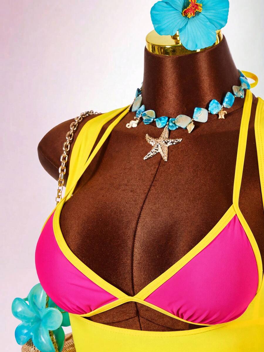 Blue 3-piece women's swimwear set featuring a 3D rose detailed triangle top with cutout tie closure and matching tie-side thong bottom.