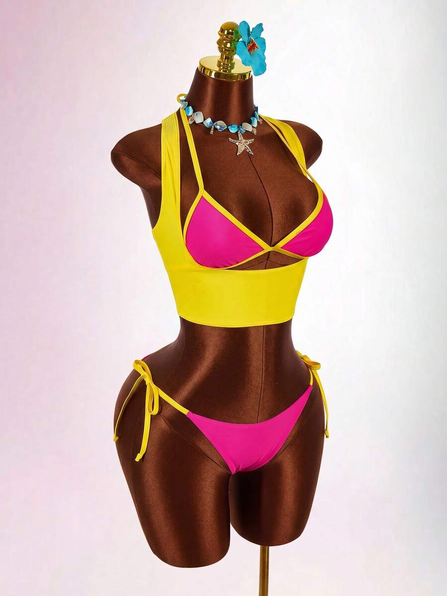 Blue 3-piece women's swimwear set featuring a 3D rose detailed triangle top with cutout tie closure and matching tie-side thong bottom.