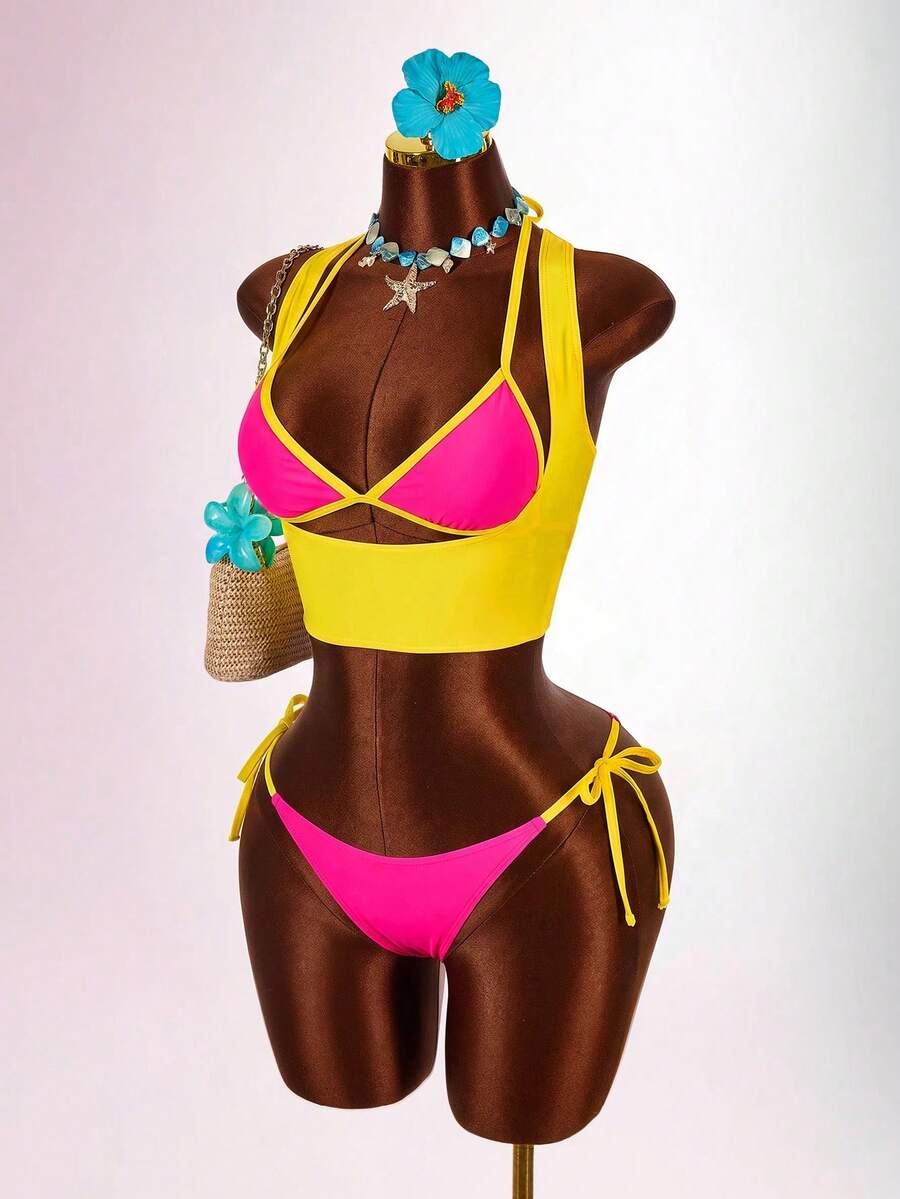 Blue 3-piece women's swimwear set featuring a 3D rose detailed triangle top with cutout tie closure and matching tie-side thong bottom.