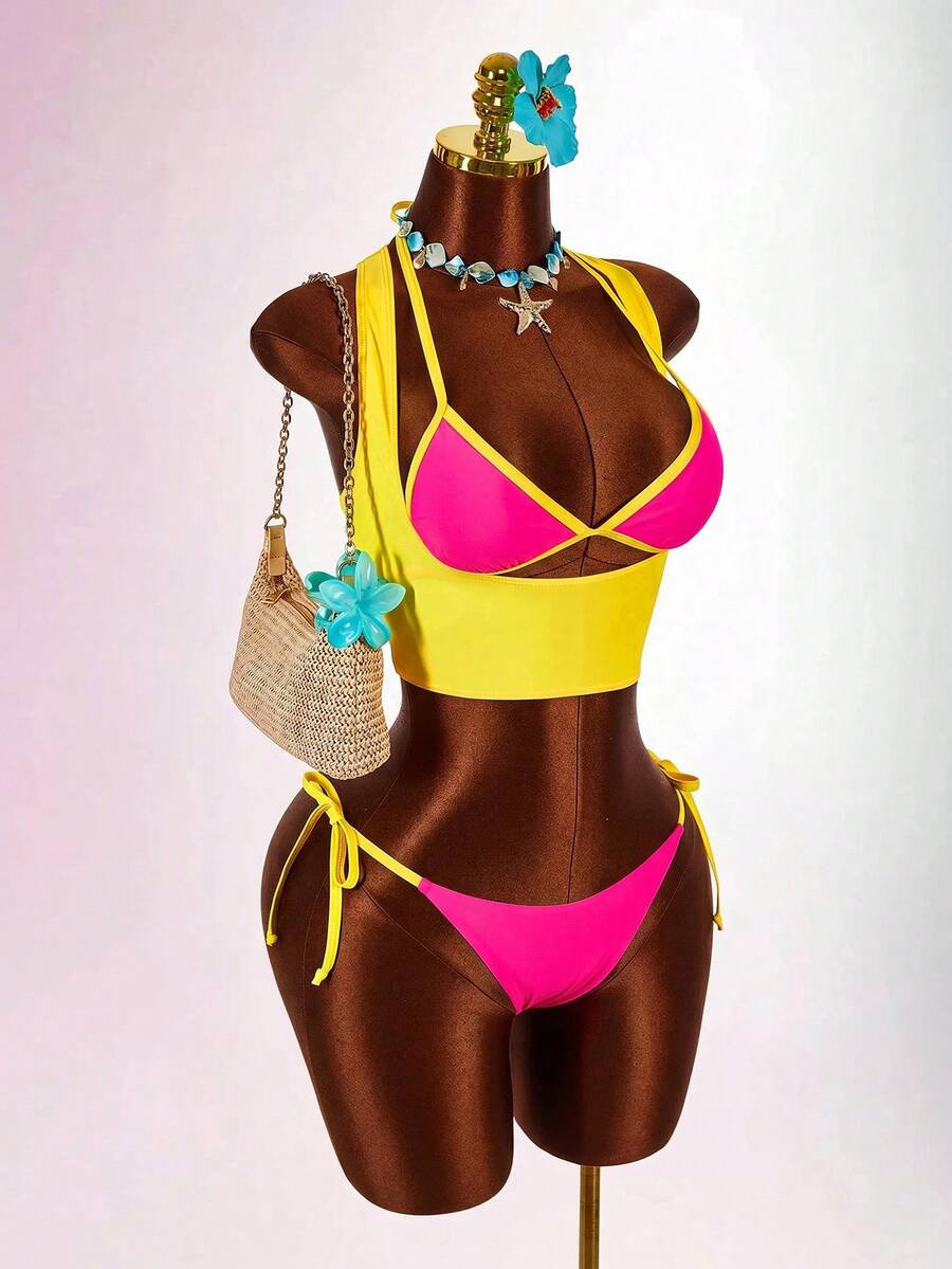 Blue 3-piece women's swimwear set featuring a 3D rose detailed triangle top with cutout tie closure and matching tie-side thong bottom.