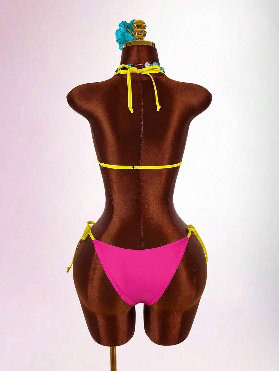 Blue 3-piece women's swimwear set featuring a 3D rose detailed triangle top with cutout tie closure and matching tie-side thong bottom.
