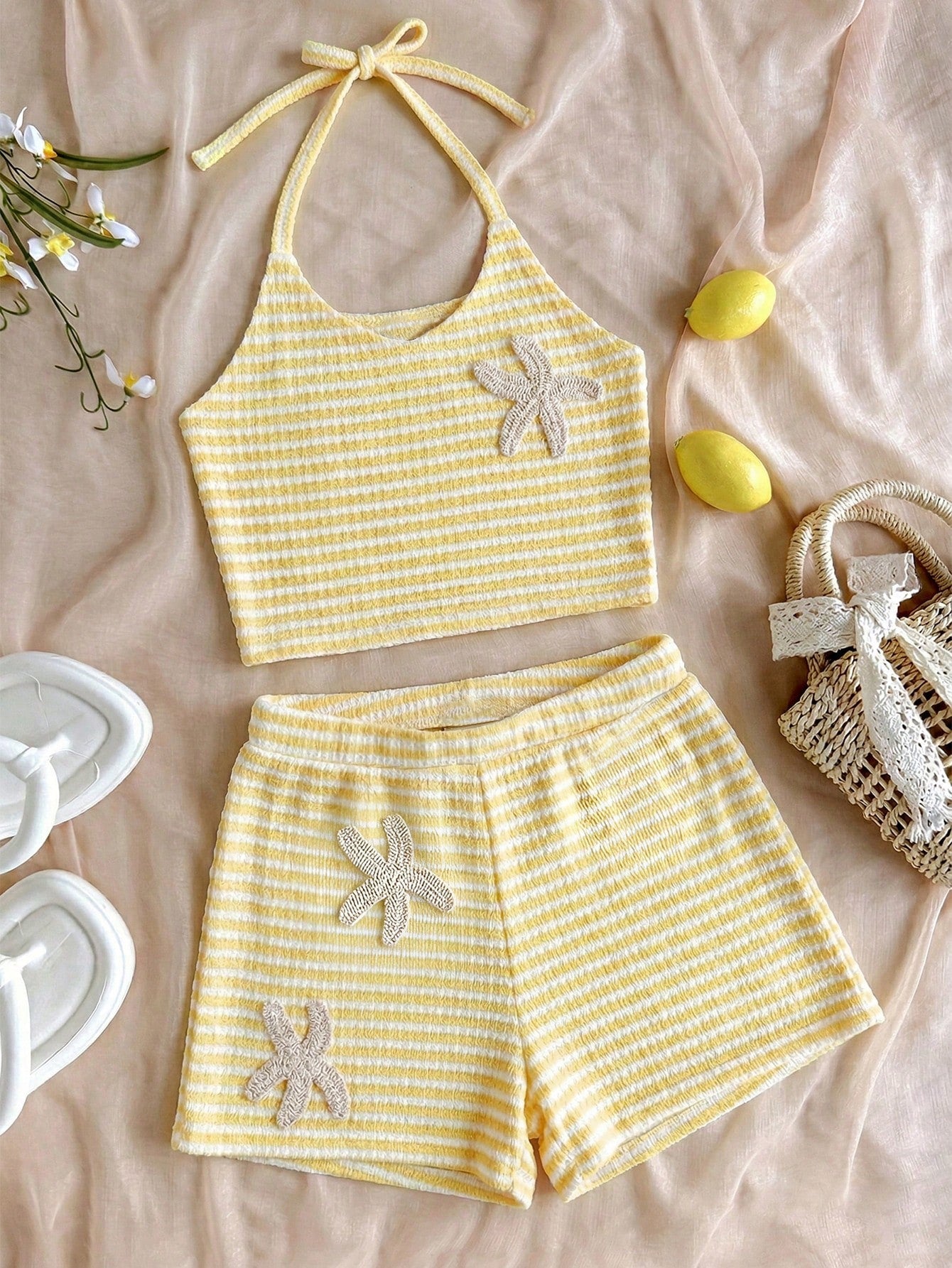 Tween girls apricot knitted texture halter top and elastic waistband shorts set.