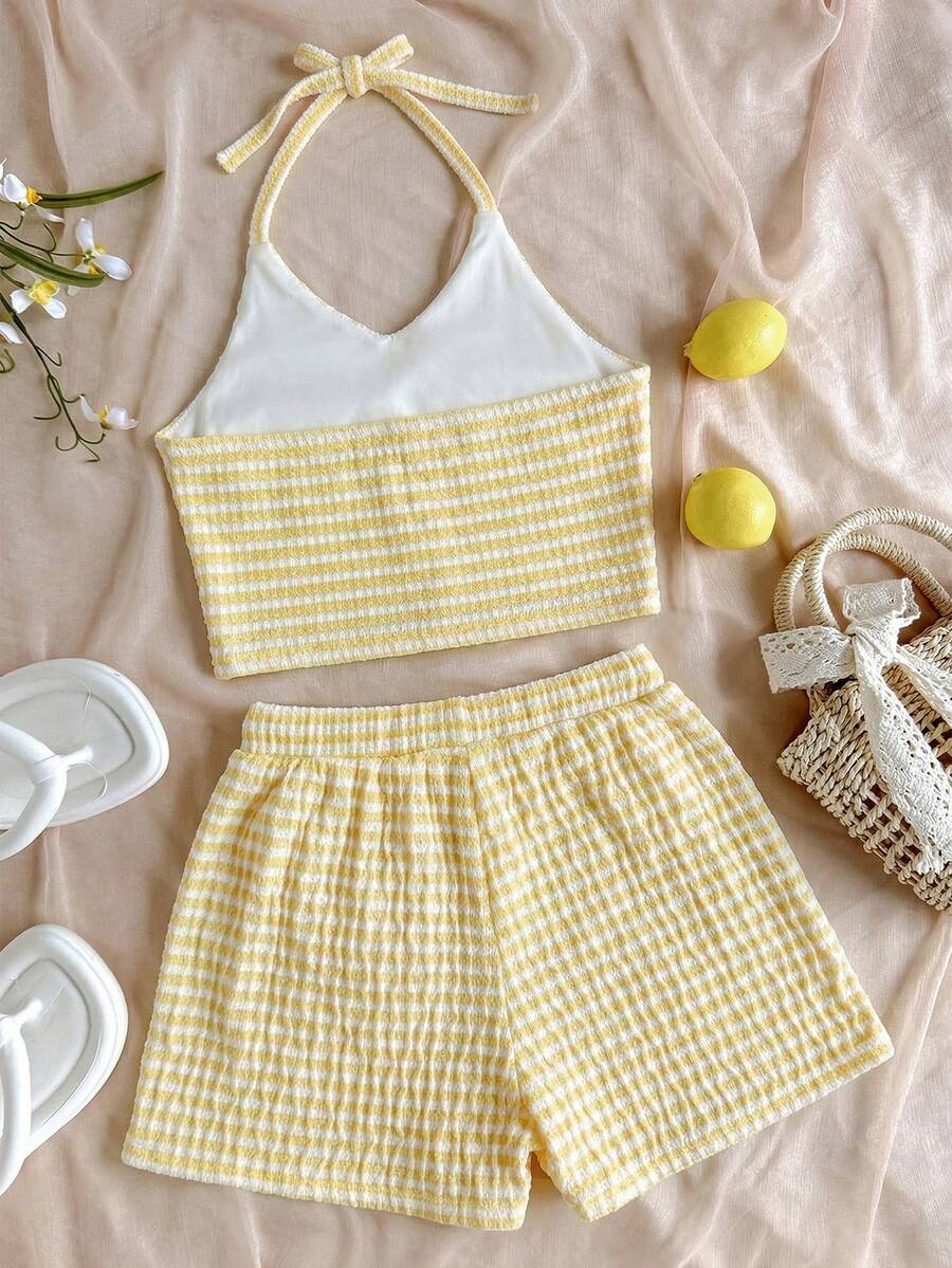 Tween girls apricot knitted texture halter top and elastic waistband shorts set.