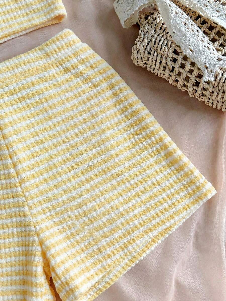 Tween girls apricot knitted texture halter top and elastic waistband shorts set.