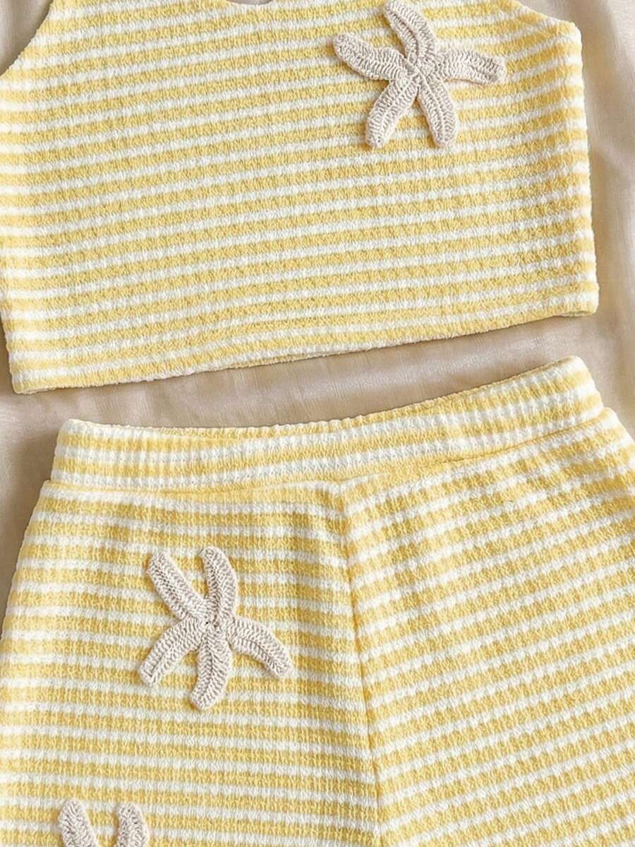 Tween girls apricot knitted texture halter top and elastic waistband shorts set.