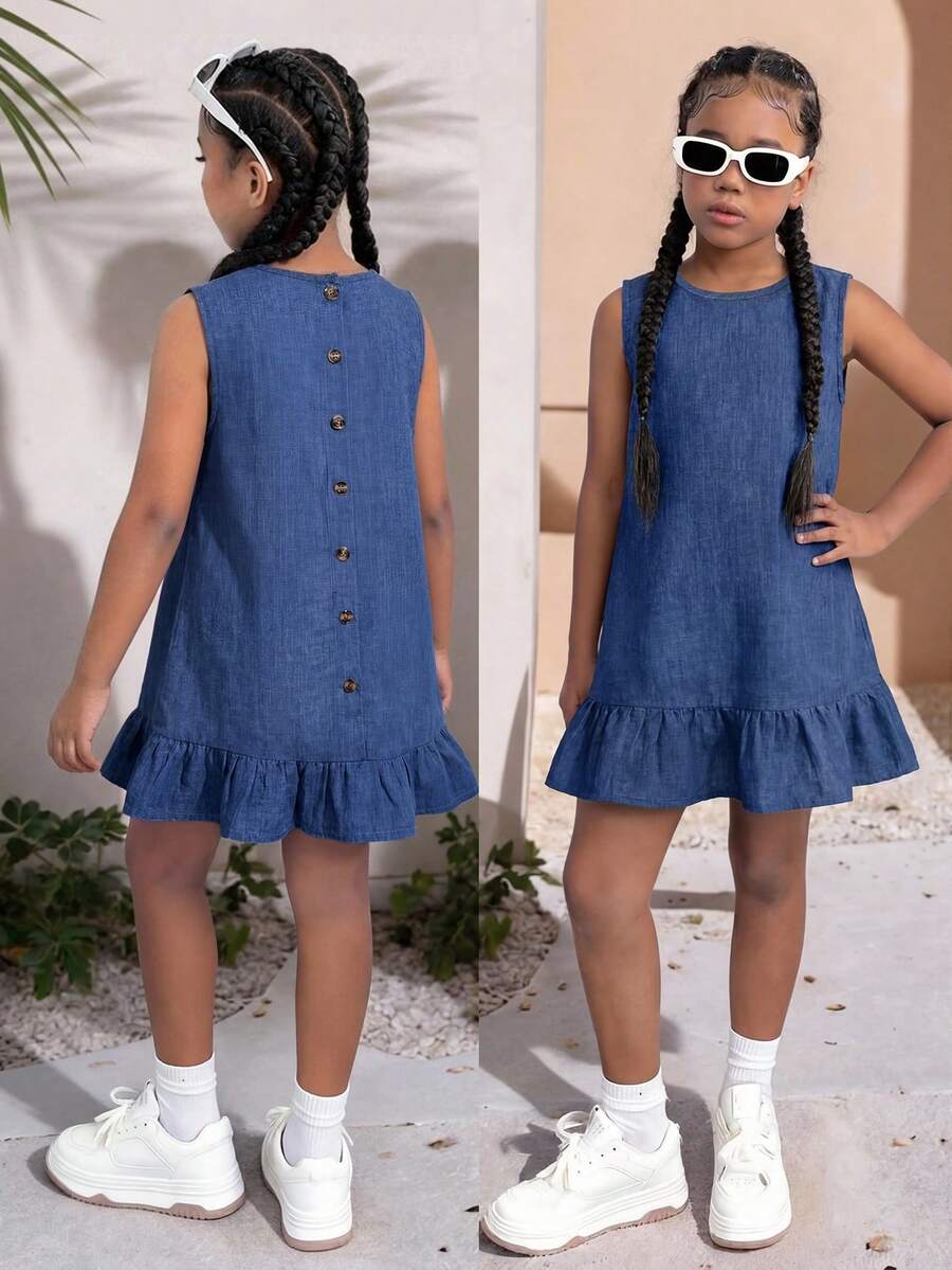 Tween girls blue denim effect sleeveless dress with round neck, button front details, and flounce hem.