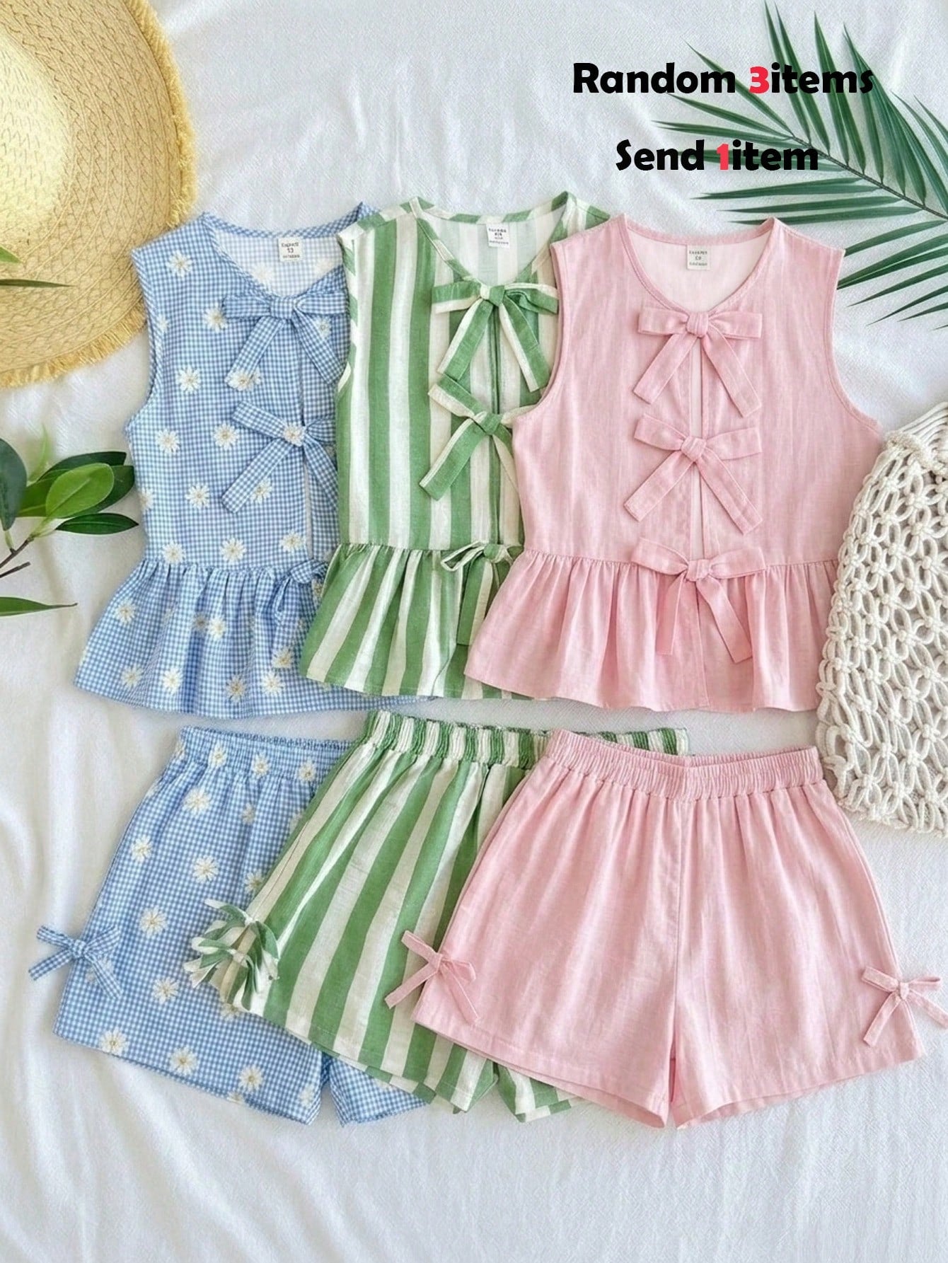 Tween girls green and white striped 2-piece summer set featuring a sleeveless bowknot ruffle crop top and casual shorts.