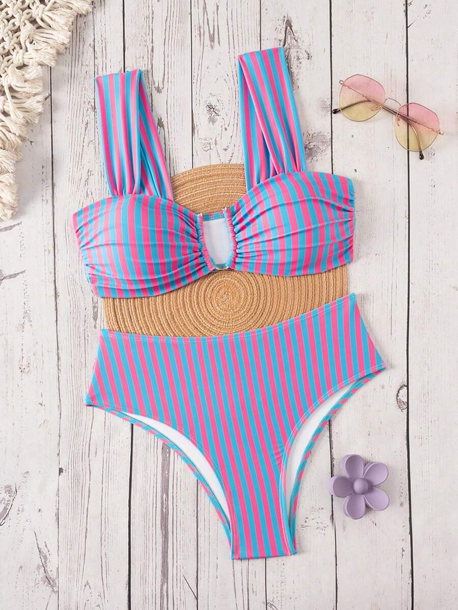 Springbreak black high waist bikini set for women featuring wireless bra top with ruffle lettuce trim and V-wired detail.
