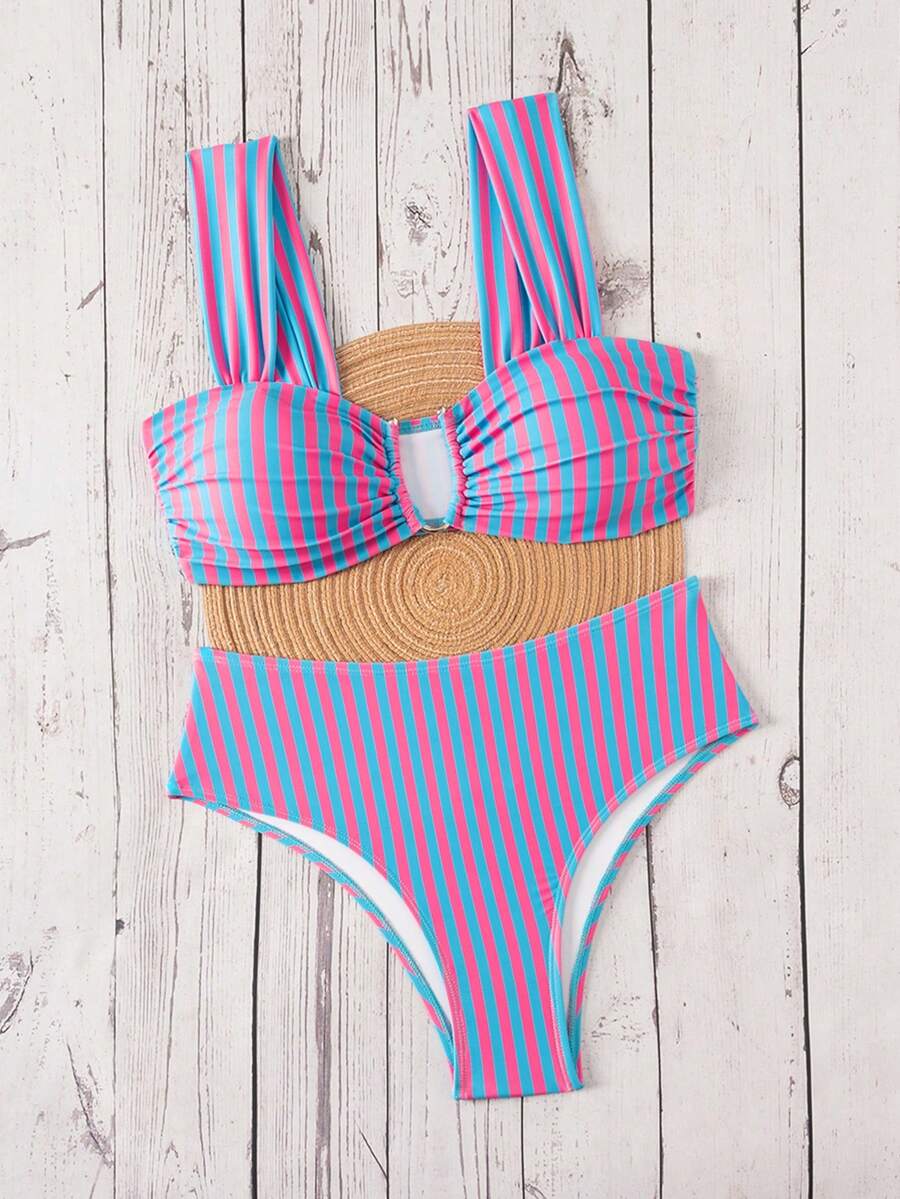 Springbreak black high waist bikini set for women featuring wireless bra top with ruffle lettuce trim and V-wired detail.