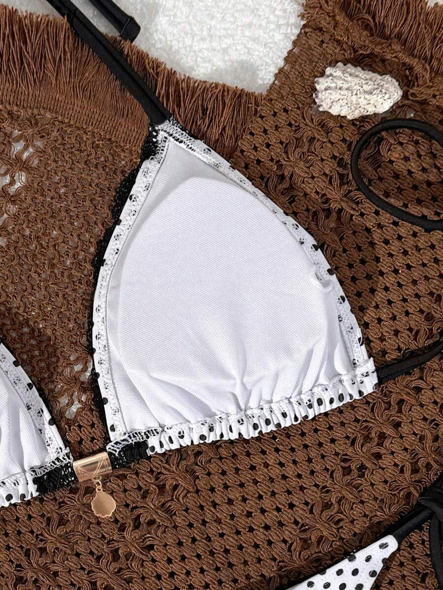 Multicolor 2-piece halter tie bikini set featuring wireless triangle cups with removable padding and tie-side mid-waist bottoms.