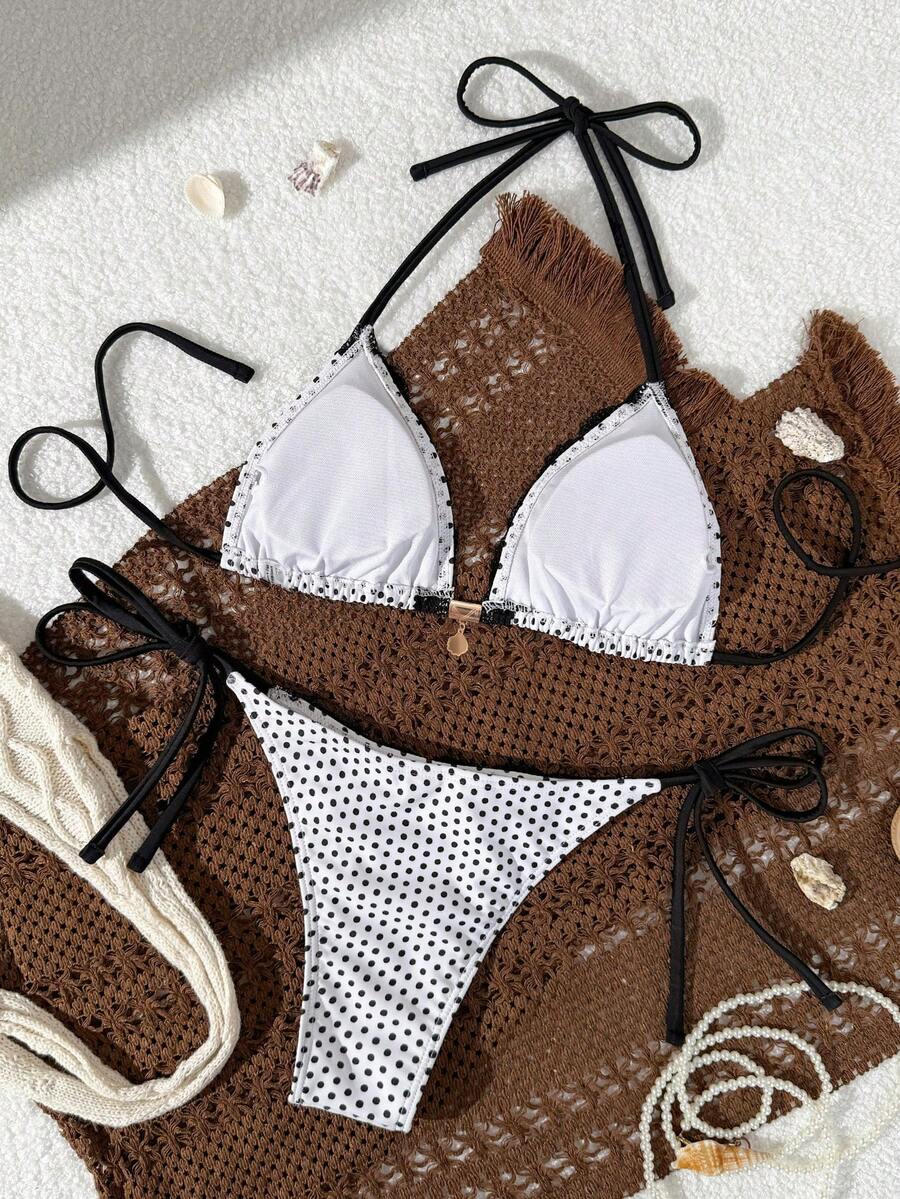 Multicolor 2-piece halter tie bikini set featuring wireless triangle cups with removable padding and tie-side mid-waist bottoms.
