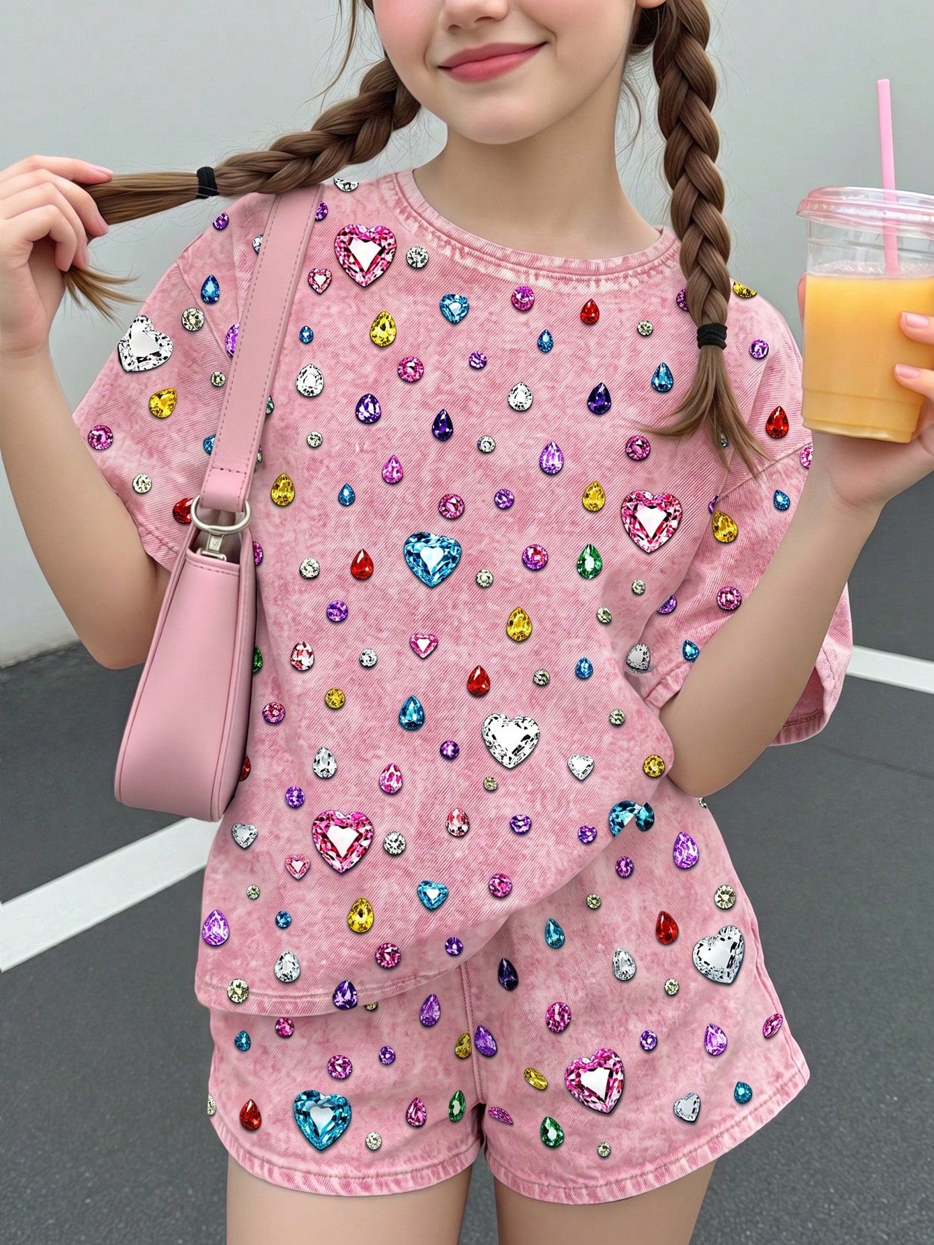 Multicolor heart print short sleeve top and loose shorts 2-piece set for tween girls