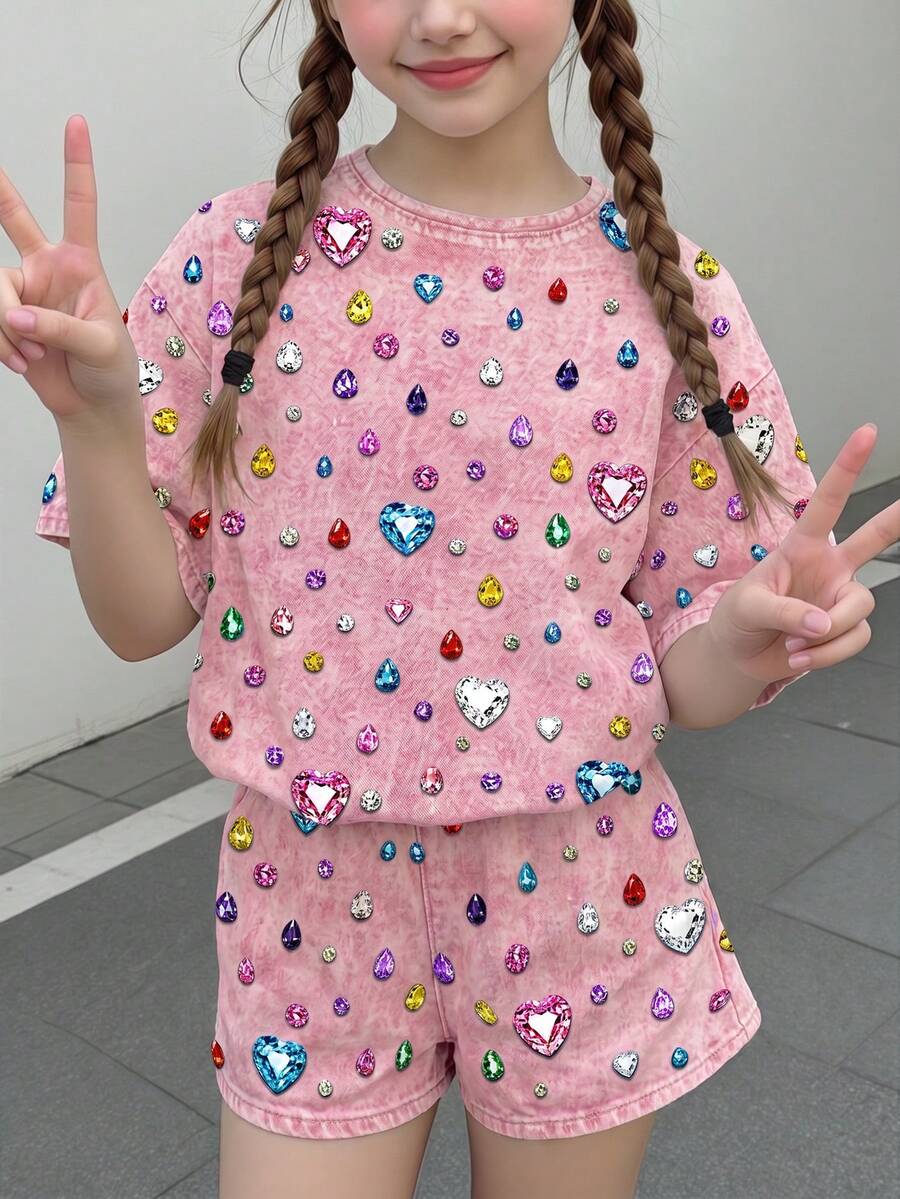 Multicolor heart print short sleeve top and loose shorts 2-piece set for tween girls