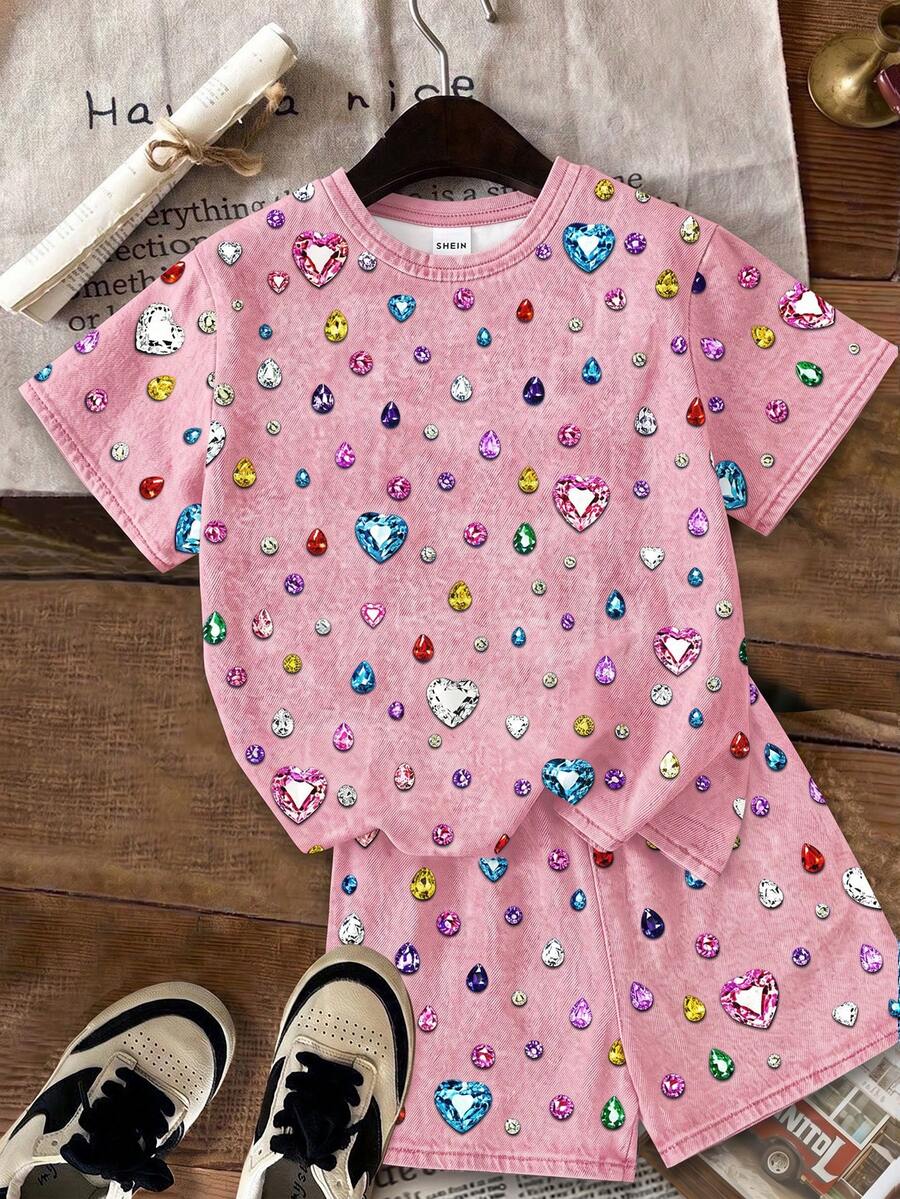 Multicolor heart print short sleeve top and loose shorts 2-piece set for tween girls
