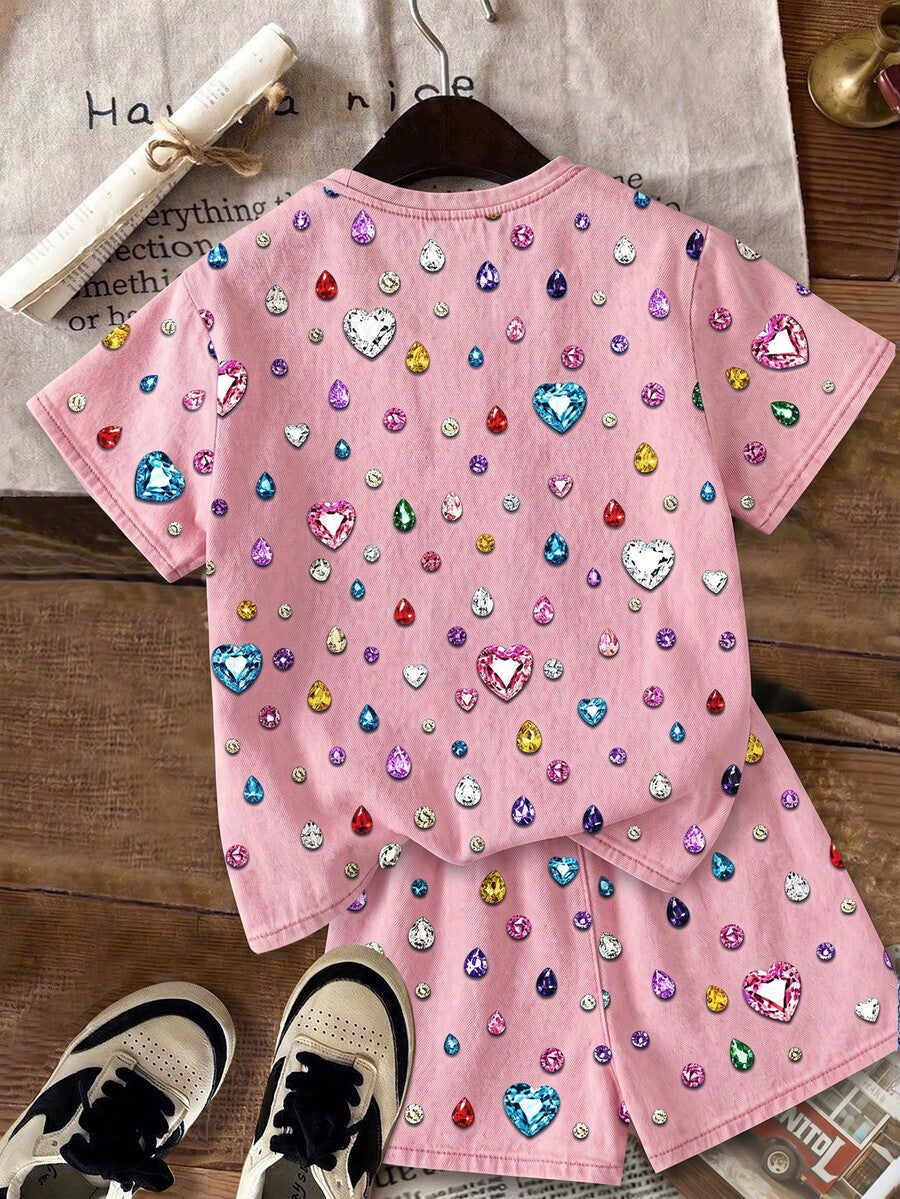Multicolor heart print short sleeve top and loose shorts 2-piece set for tween girls