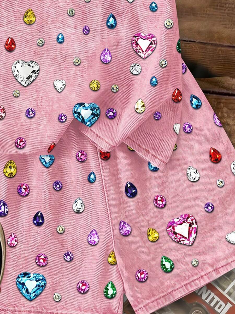 Multicolor heart print short sleeve top and loose shorts 2-piece set for tween girls