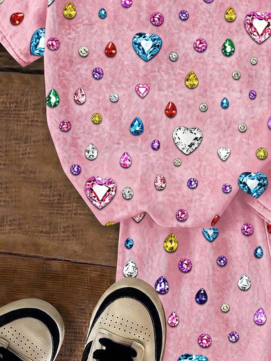 Multicolor heart print short sleeve top and loose shorts 2-piece set for tween girls