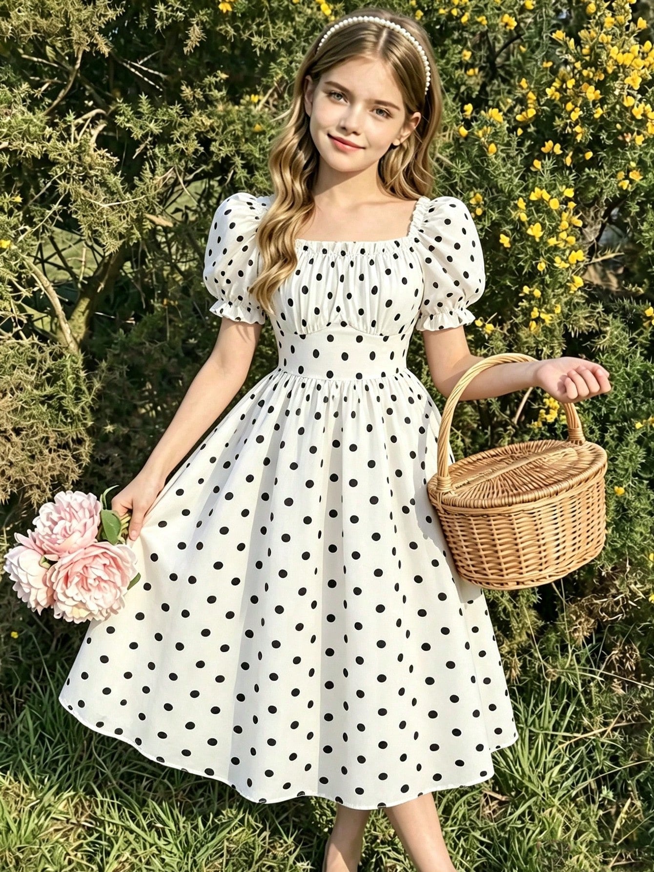 Apricot tween girls dress featuring square neckline, short puff sleeves, ruched bust, high waist, and flared A-line hem.