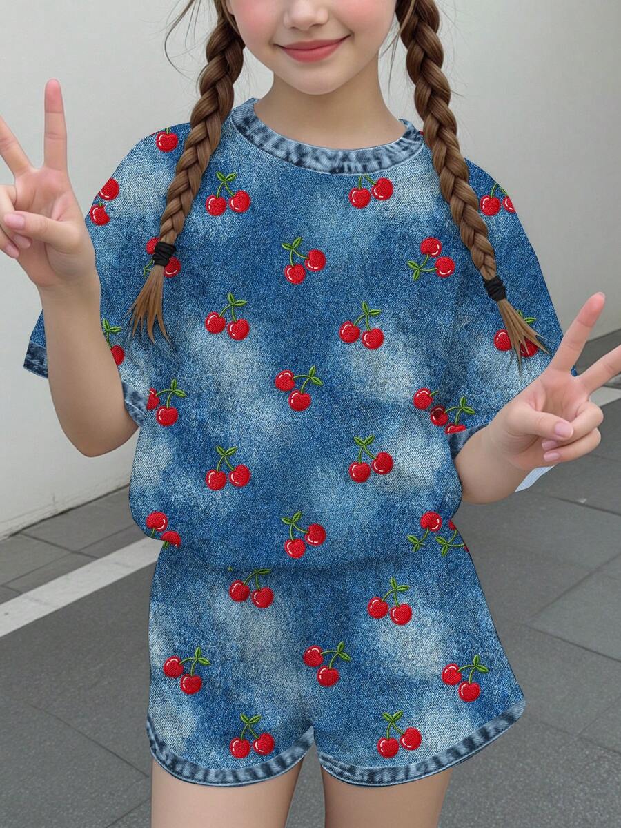 Multicolor heart print short sleeve top and loose shorts 2-piece set for tween girls