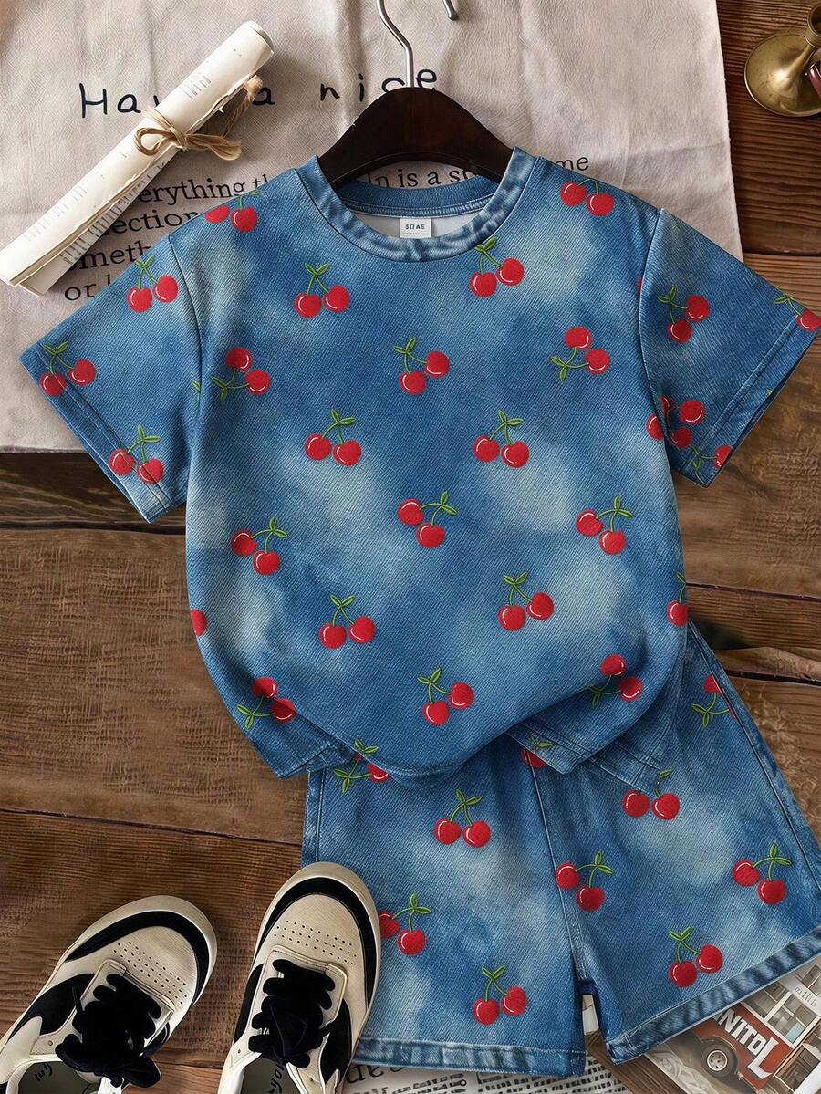 Multicolor heart print short sleeve top and loose shorts 2-piece set for tween girls