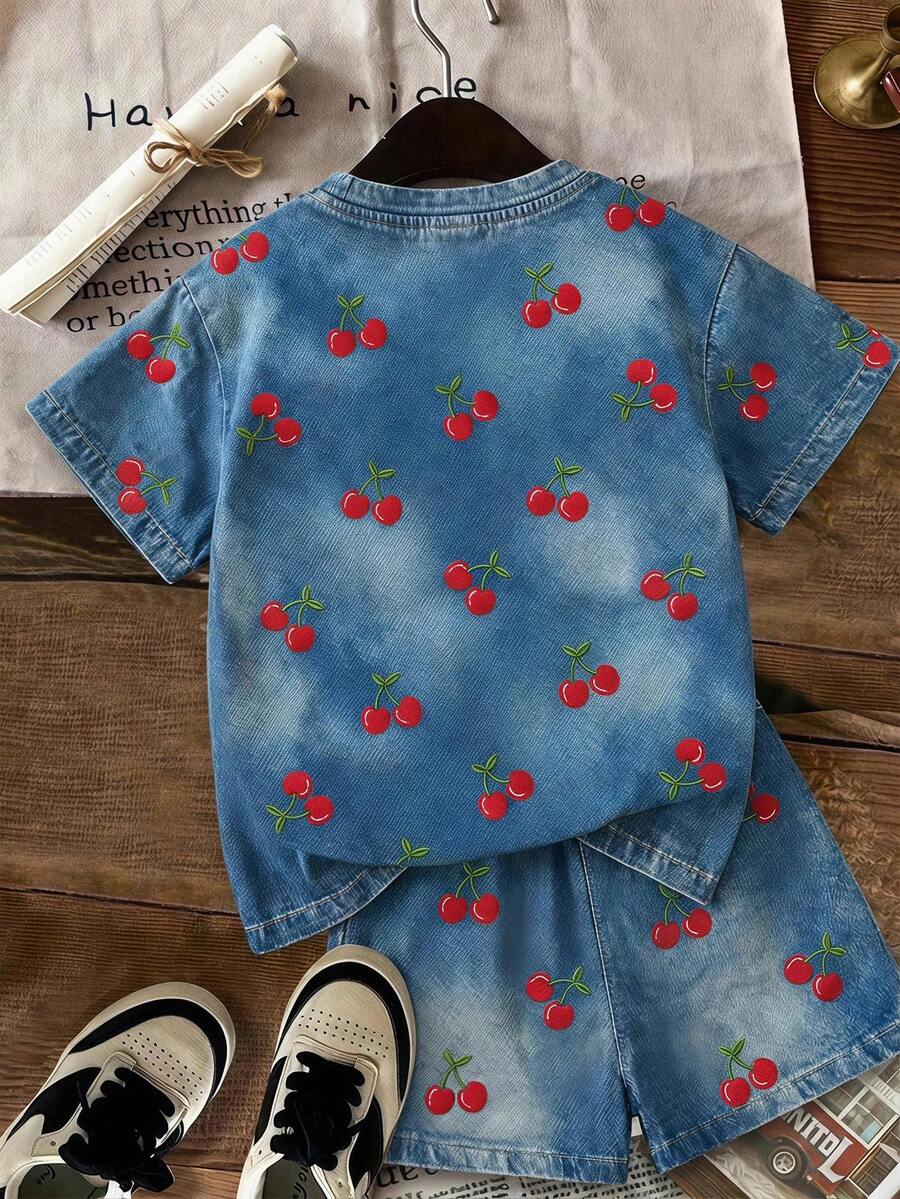 Multicolor heart print short sleeve top and loose shorts 2-piece set for tween girls
