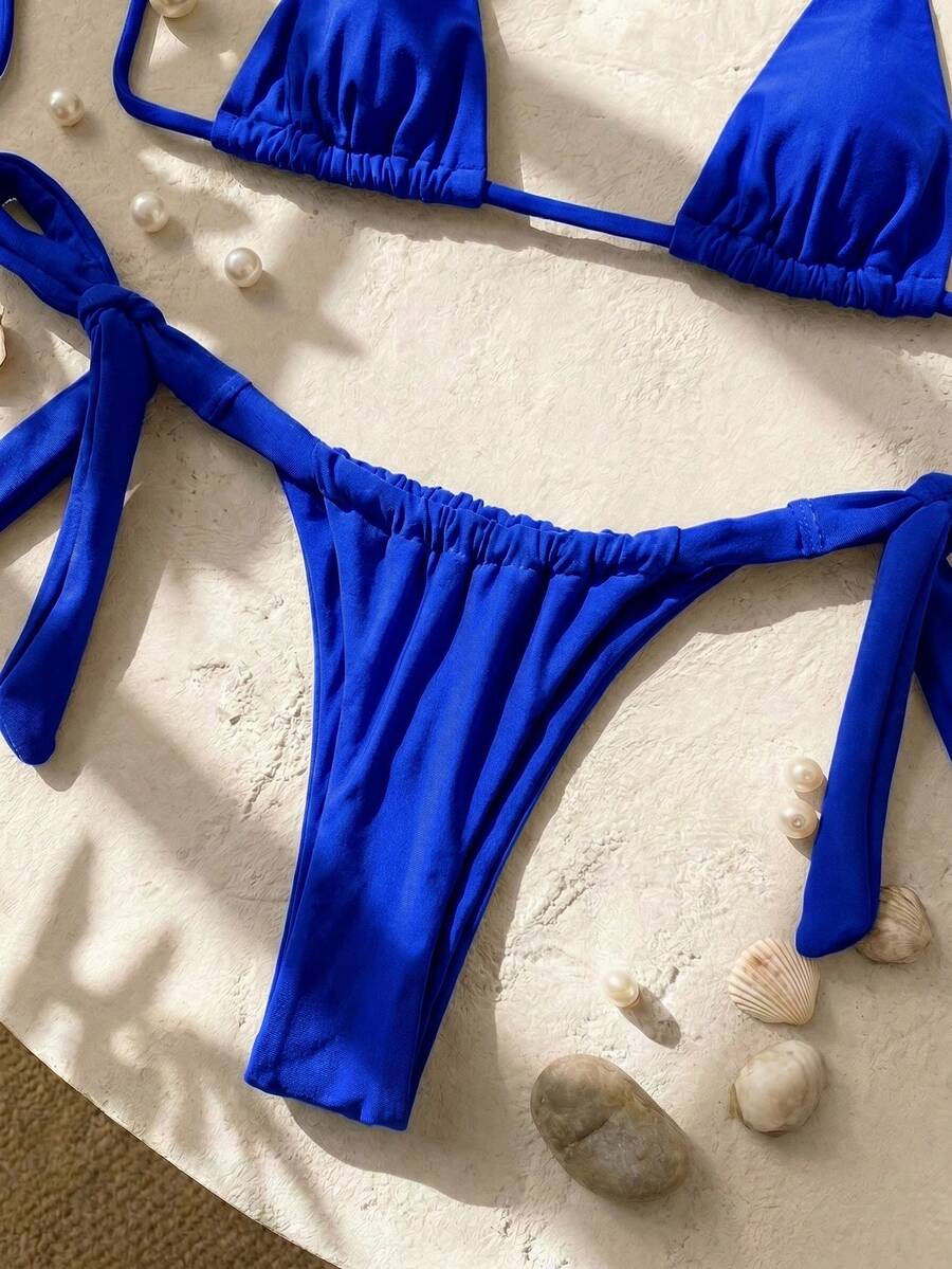 Army green high waist micro bikini swimsuit set for women featuring wireless spaghetti strap top with chain knot details and tie side thong bottoms.