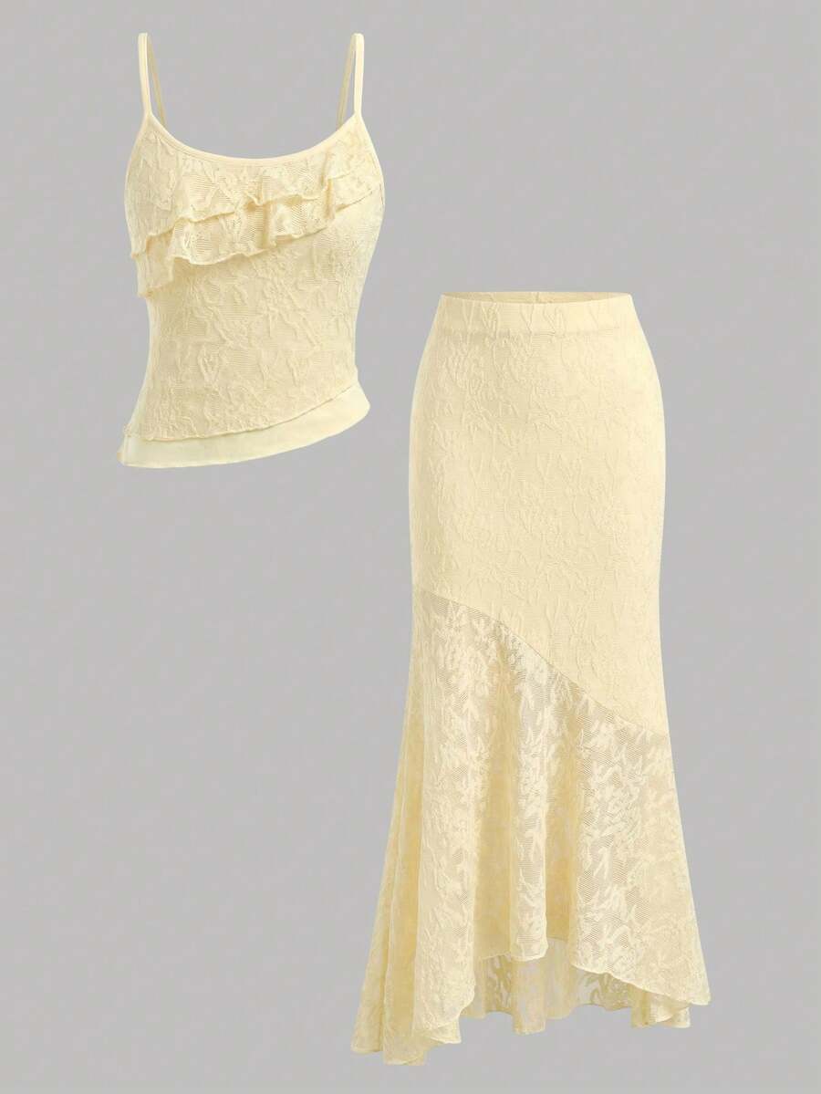 Tween girls blue 2-piece set featuring a short spaghetti strap lace tank top with asymmetrical lettuce trim and a long matching skirt.