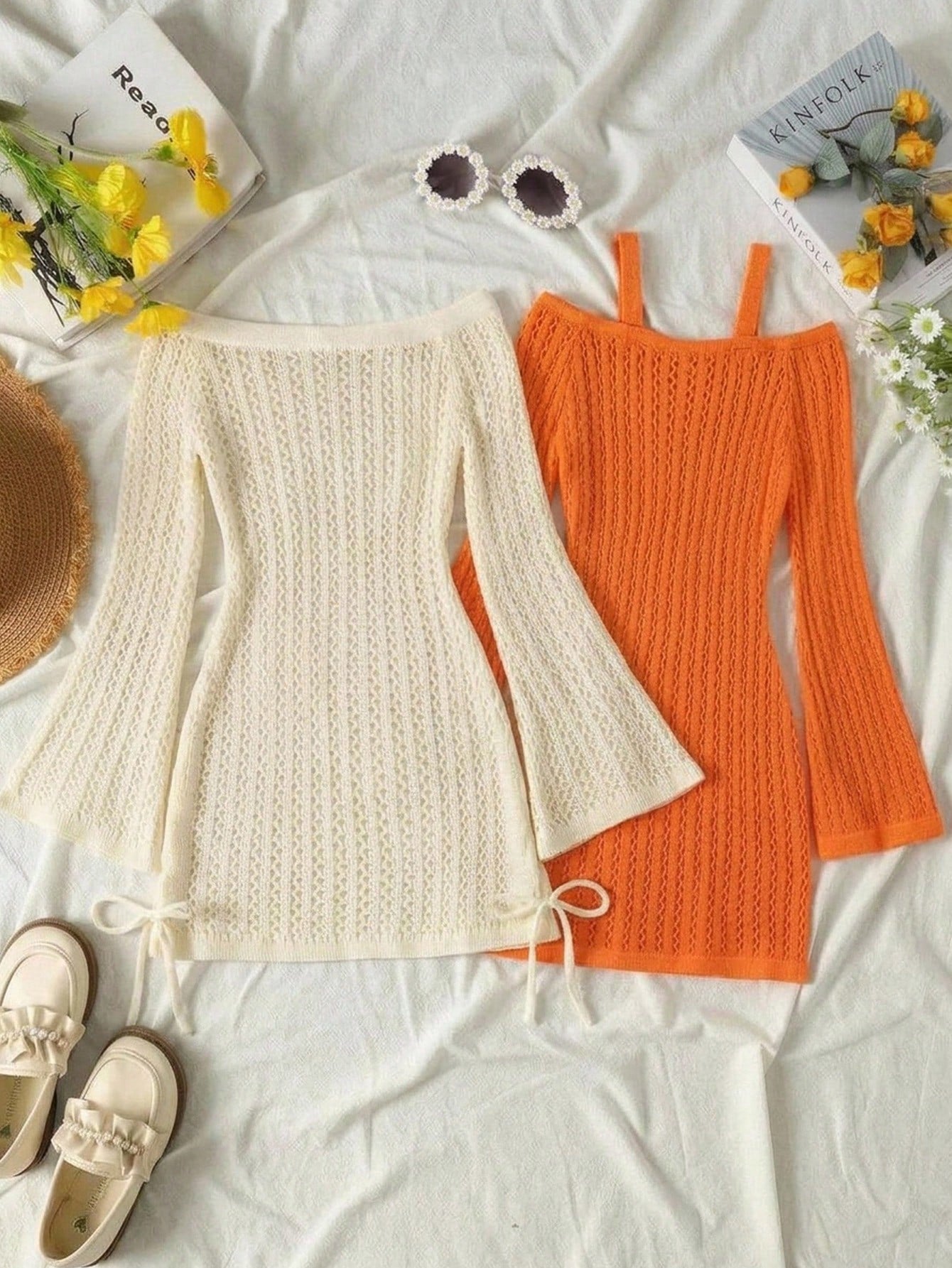 Tween girls off-the-shoulder beach cover-up dress with long sleeves, geometric pattern, and long length, made from 100% polyester fabric for casual swimwear layering.