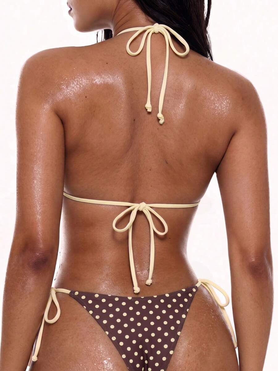 Apricot plain halter triangle bikini swimwear set with tie back top and low waist tie side thong bottom for women