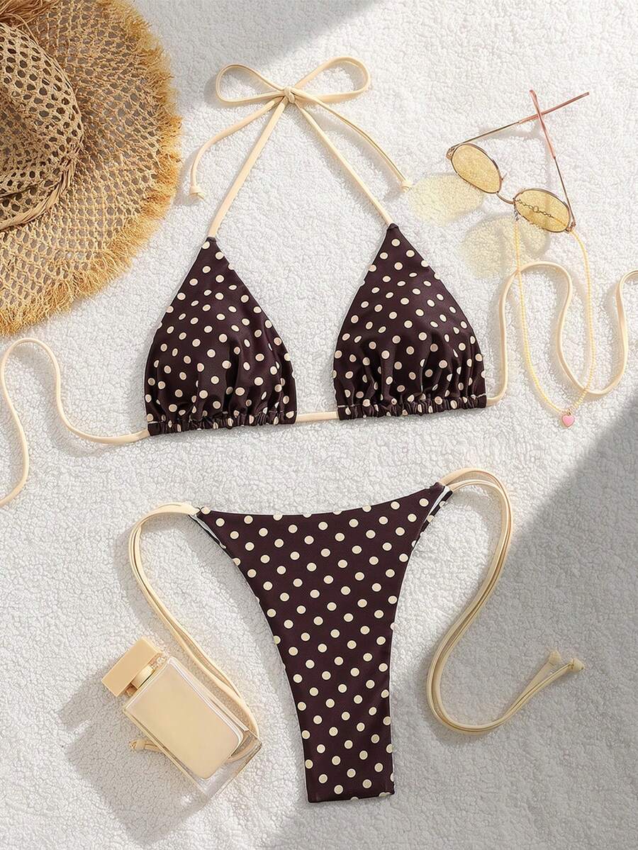 Apricot plain halter triangle bikini swimwear set with tie back top and low waist tie side thong bottom for women