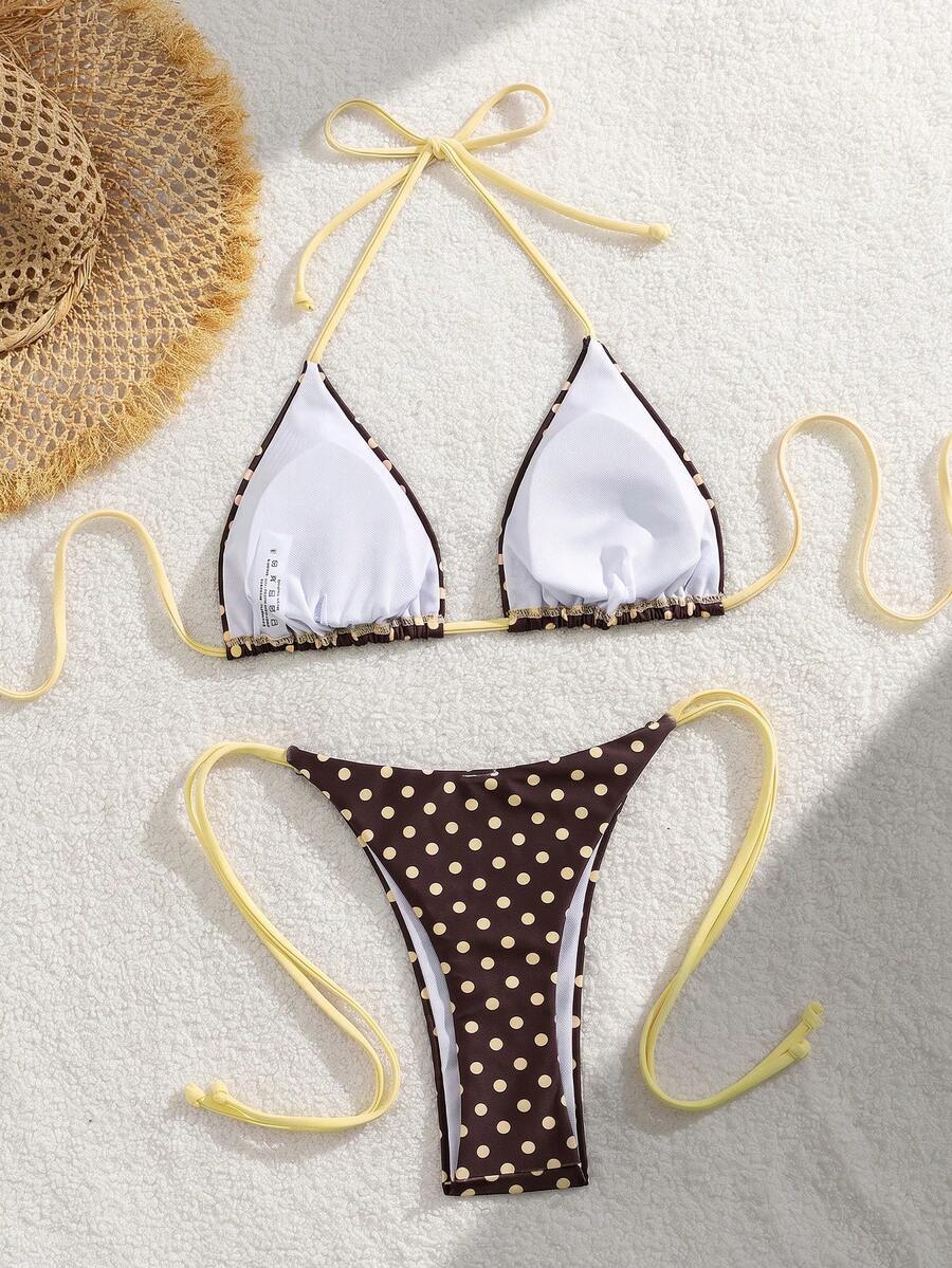 Apricot plain halter triangle bikini swimwear set with tie back top and low waist tie side thong bottom for women