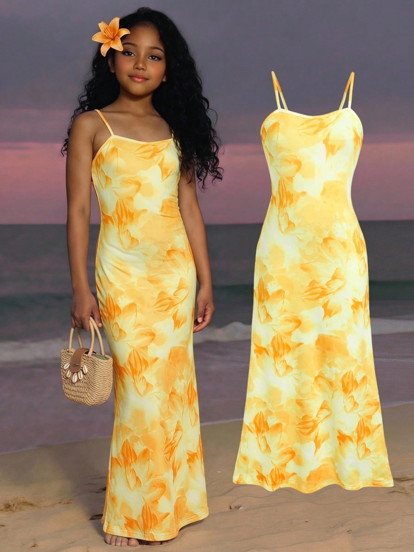 Tween girls black cami midi dress featuring plant print, spaghetti straps, slim fit, and a flared hem.