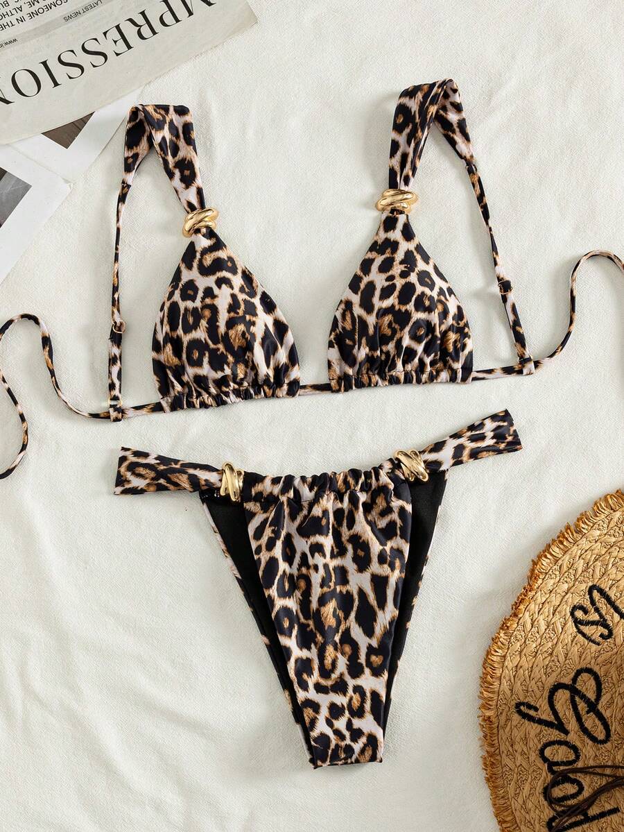 Women's multicolor high waist bikini set with textured pattern, knot details, wireless triangle bra top, and high cut bottoms.