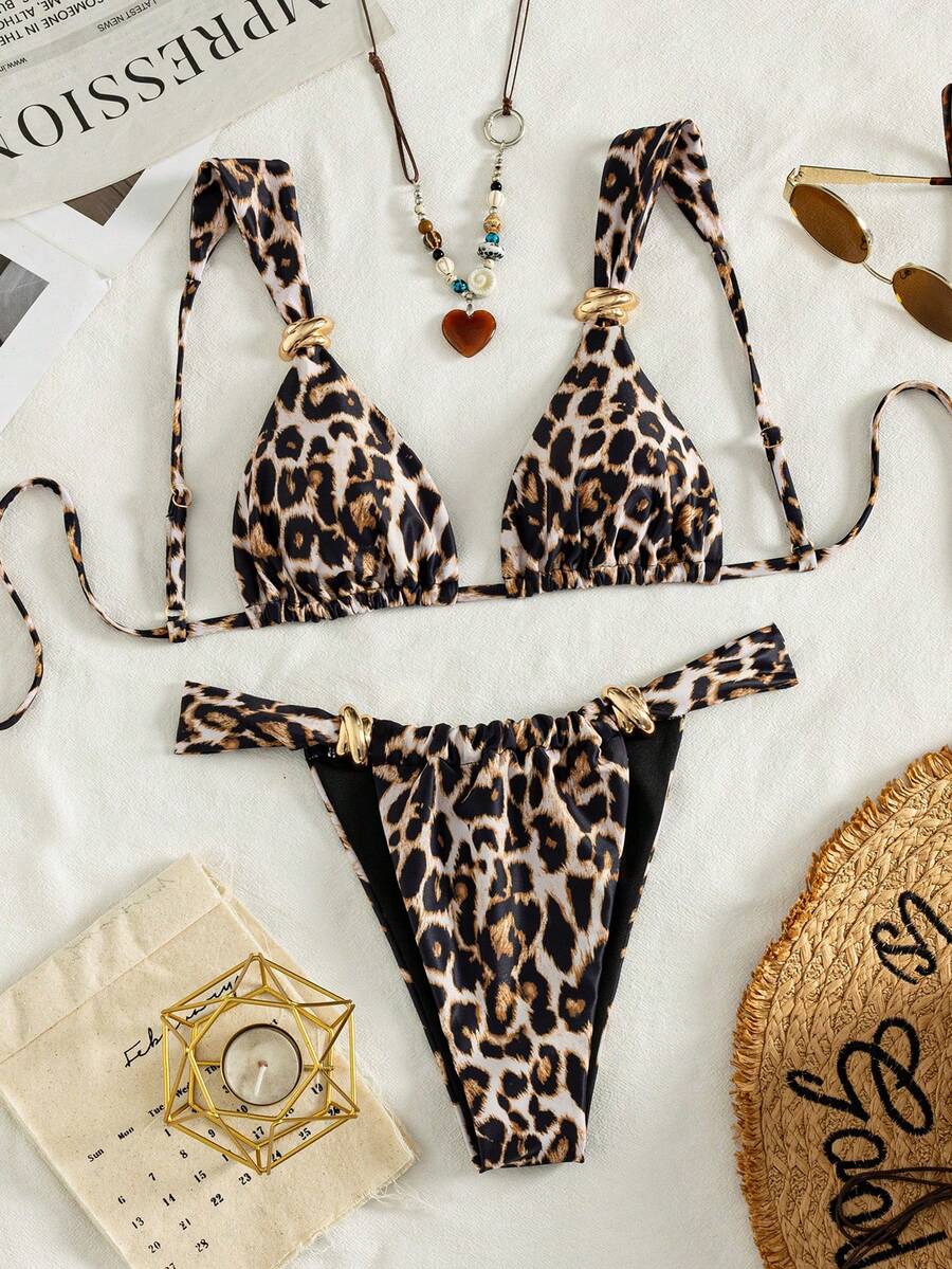 Women's multicolor high waist bikini set with textured pattern, knot details, wireless triangle bra top, and high cut bottoms.